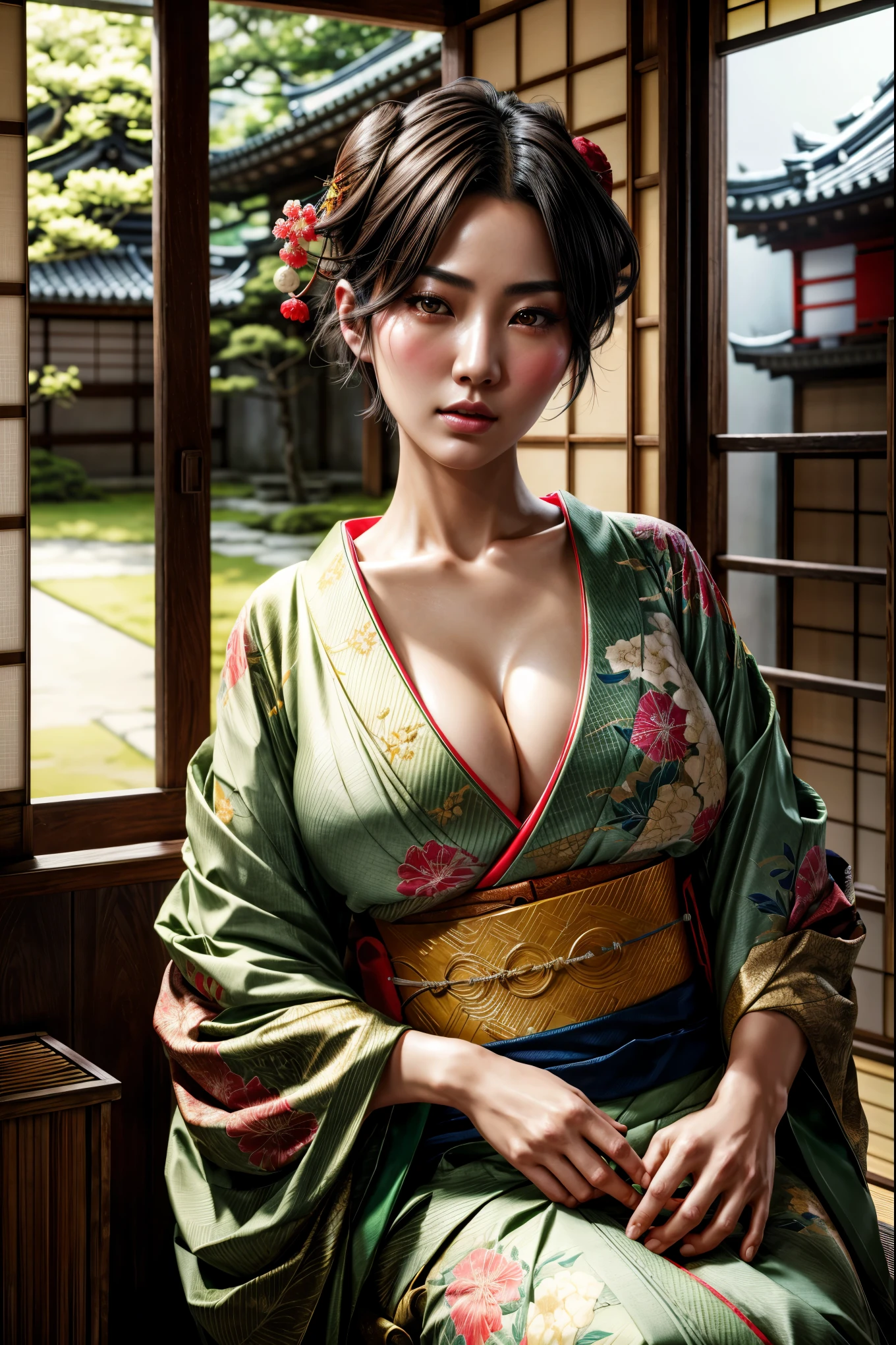 photorealistic, 1girl, japanese woman, big breasts, short green hair, delicate haircut, colorful traditional japanese kimono, medieval japanese house, detailed face, detailed eyes, detailed lips, intricate details, high quality, masterpiece, cinematic lighting, vibrant colors, digital art, concept art, hyper realistic, 8k, ultra detailed