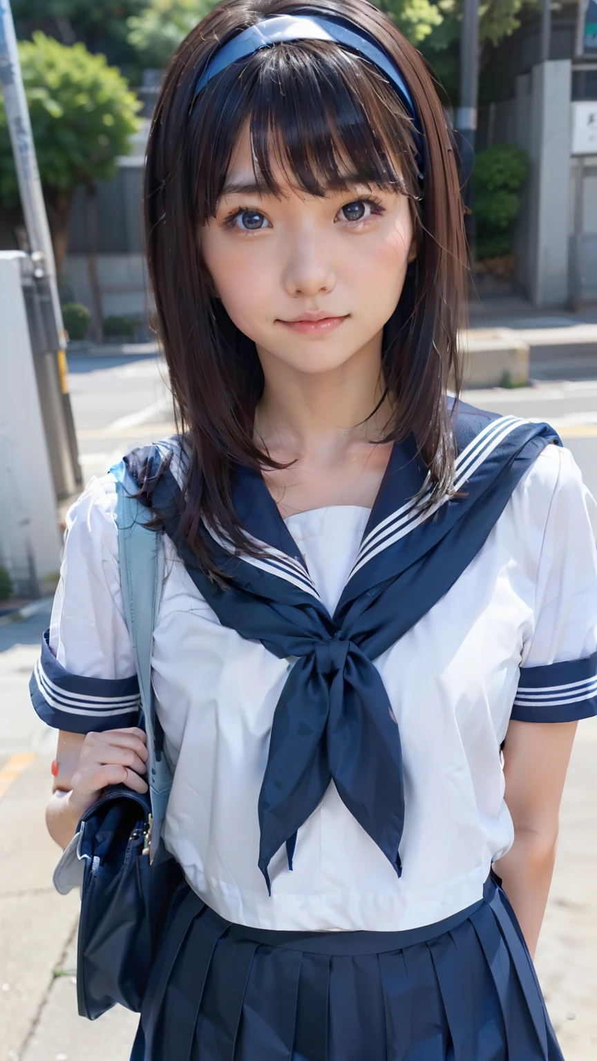 sailor uniform, One Woman, (Beautiful woman, delicate :1.3), Black Hair, bob cur hair, Patsun, 8k, Highest quality, masterpiece, Very detailed, Ultra-high resolution, Realistic, RAW Photos, Absolute Resolution, Black Hair, Navy blue sailor uniform, (Navy blue pleated skirt:1.4), Realistic high school girl, (White headband:1.4), Small breasts, expensive, Bright Blue Eyes, (In front of the school gate), smile, (standing pose:1.4), (one school bag on shoulder:1.4), (long skirt:1.4), slender female body, Blur the background, junior high school student, (looking at the camera:1.4)