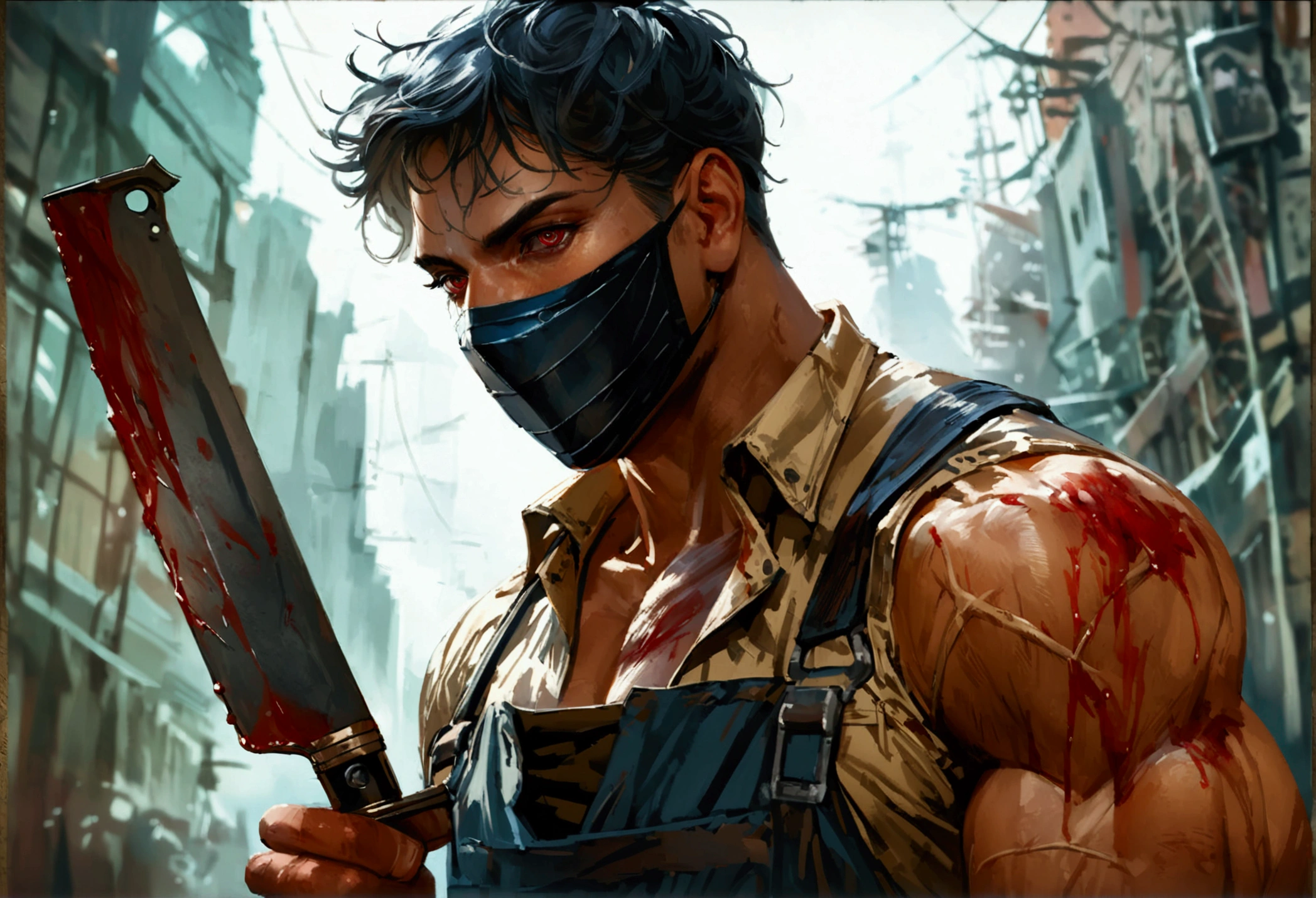 Realistic Digital Painting with Concept Art Elements"," digital painting," "concept art," "realistic," "high detail", "muscular man", "high-res", "ominous aura,", "8k resolution", "oil painting", "darker tone" , "little saturation" ,"dark feeling", "concept art" , "detailed features" , "detailed eyes" , Realistic Digital Painting with Concept Art Elements"," digital painting," "concept art," "realistic," "high detail", "muscular",, "high-res", "ominous aura,", "8k resolution", "oil painting", "darker tone" , "little saturation" ,"dark feeling", "concept art" , "detailed features" , "detailed eyes" "1man" , "large body" , "wearing a mask" , "butcher knife in hand", "serial killer" , "masculine imposing figure" , "wearing tattered overalls" , "short hair" , " Pale skin" , "Scarred body" , "1 male!" , "large body" , "dripping with blood" , "clothes coated in blood.