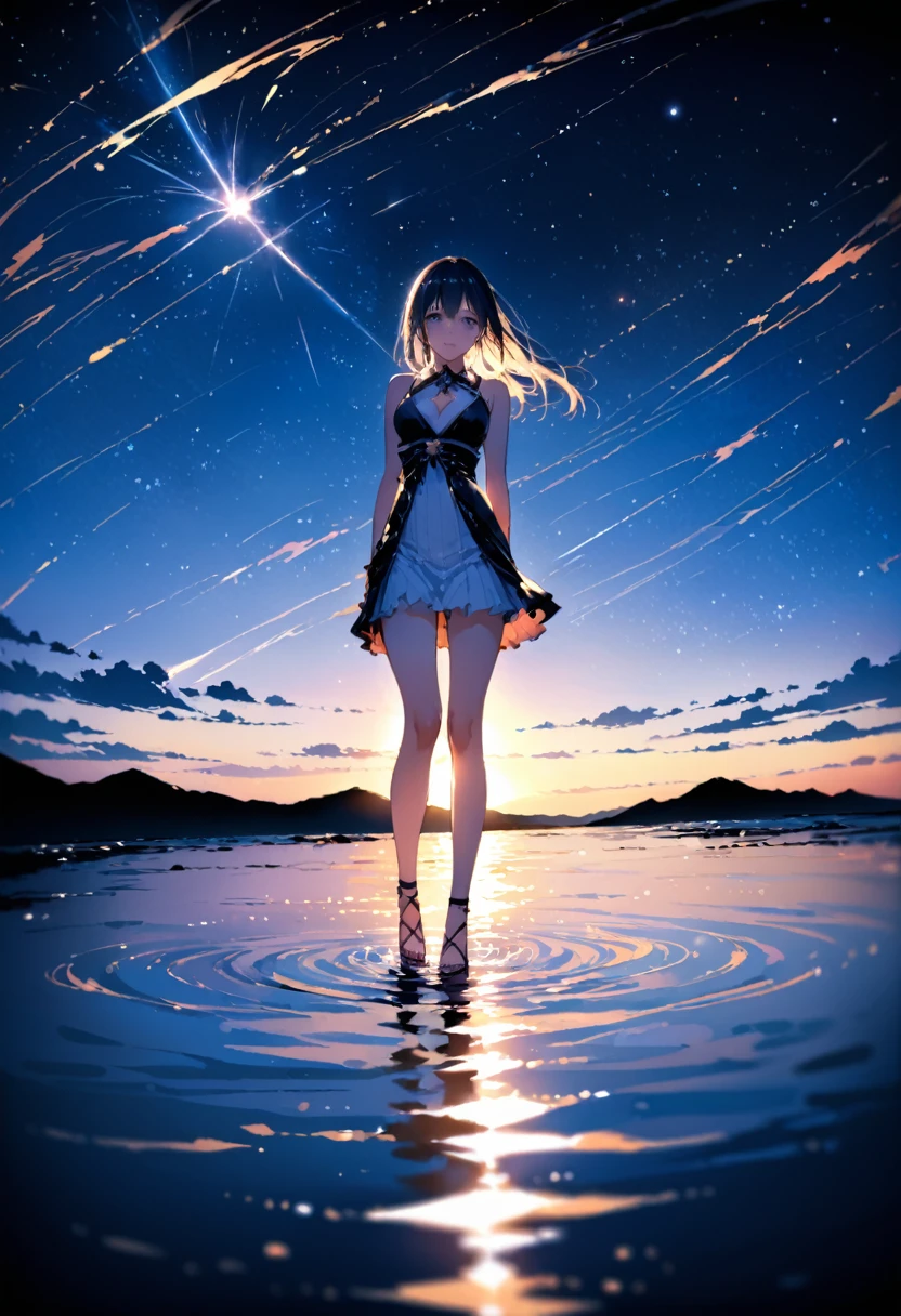 (Close-up:1.4)、(RAW photo:1.2)、(photorealistic:1.4)、(masterpiece:1.3)、(highest quality:1.4)、japanese girl、(night scenery:1.2)、thin clothes、pretty girl、Put one foot in the sea、standing on tiptoe、Landscape、Between the horizon and the sea、view from the side、Ripples spreading from the toes、Standing about 20 meters away、on the sea、The whole scene shineeteors、illumination、