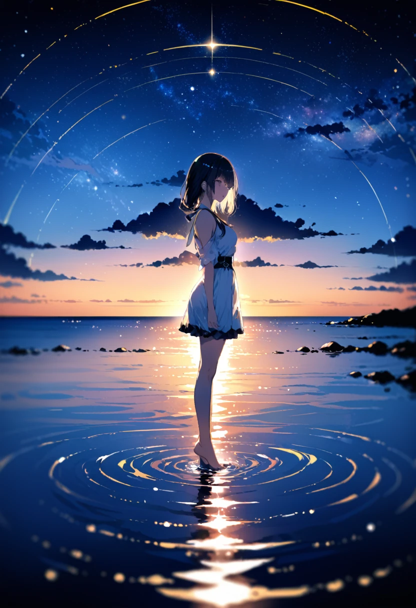 (Close-up:1.4)、(RAW photo:1.2)、(photorealistic:1.4)、(masterpiece:1.3)、(highest quality:1.4)、japanese girl、(night scenery:1.2)、thin clothes、pretty girl、Put one foot in the sea、standing on tiptoe、Landscape、Between the horizon and the sea、view from the side、Ripples spreading from the toes、Standing about 20 meters away、on the sea、The whole scene shineeteors、illumination、