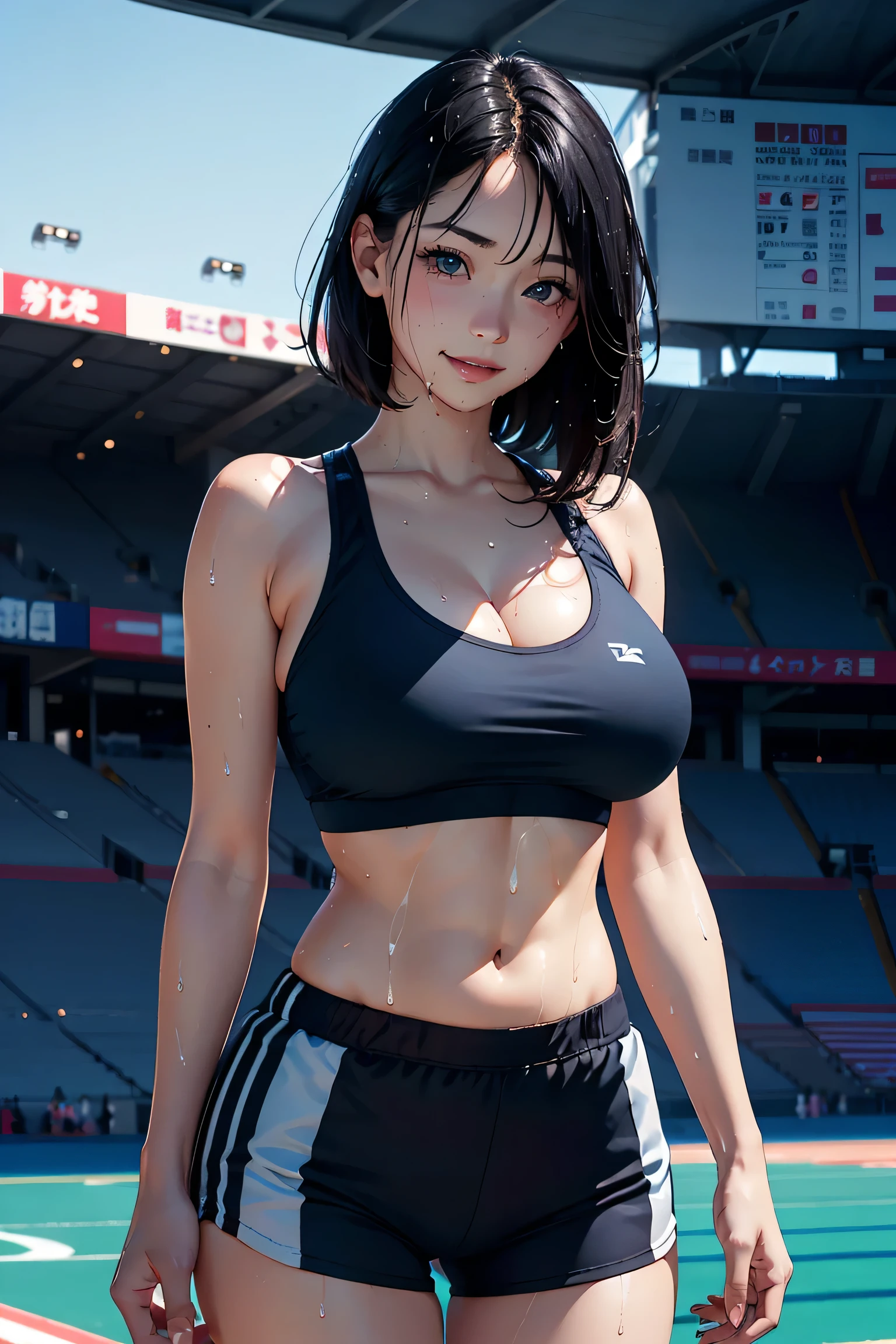 (masterpiece:1.2, Highest quality), (Realistic photos), Beautiful illustrations, (Natural side lighting, Cinema lighting),(1 girl), Japanese, 20-year-old female, Perfect Face, Symmetrical cute face, Glowing Skin,Black Hair、Short Bob、Dark blue eyes, (Huge breasts:1.2), Slender build、Beautiful Hair, Beautiful Face, Fine and beautiful eyes, Beautiful body, Beautiful breasts,(Sports Bra、Sports shorts),Stadium、smile、Blushing、stand、(My whole body is wet:1.1)、blue sky