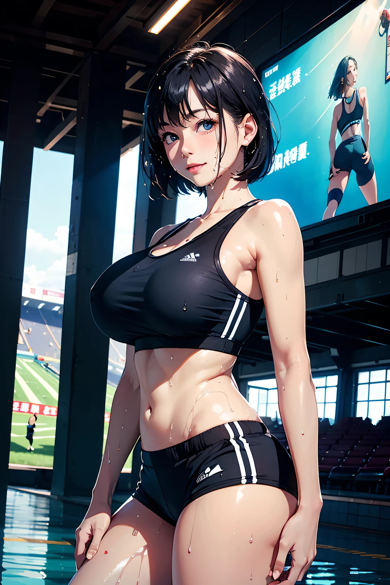 (masterpiece:1.2, Highest quality), (Realistic photos), Beautiful illustrations, (Natural side lighting, Cinema lighting),(1 girl), Japanese, 20-year-old female, Perfect Face, Symmetrical cute face, Glowing Skin,Black Hair、Short Bob、Dark blue eyes, (Huge breasts:1.2), Slender build、Beautiful Hair, Beautiful Face, Fine and beautiful eyes, Beautiful body, Beautiful breasts,(Sports Bra、Sports shorts),Stadium、smile、Blushing、stand、(My whole body is wet:1.1)、blue sky