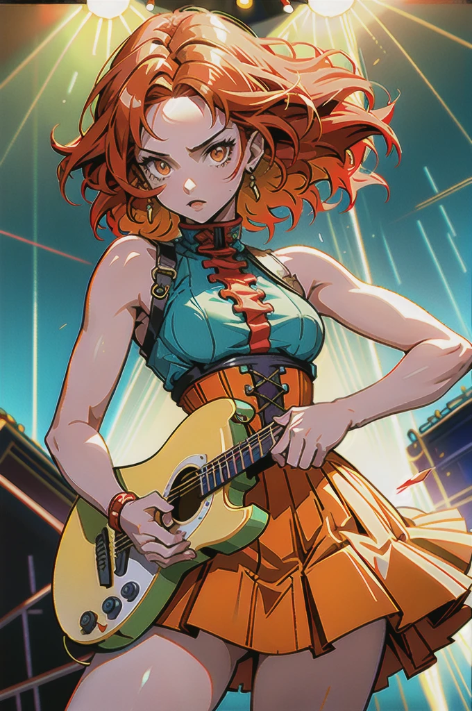 lendario Broly dbz uchira sexy decote atraente rocker teen girl latin with guitar and with multi-colored outfit yellow and red and hair two colors exuding effortless illuminated with high-contrast shading and ultra HD clarity. background concert lights showcasing phenomenal detail revealing intricate patterns, ratio for a perfectly balanced composition, soft natural light allowing in manga estilo demon slayer