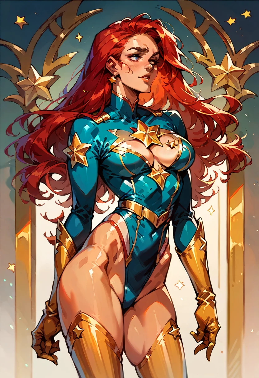 masterpiece, Sexy, Superheroine, Red hair, long hair, busty, ((blue highleg leotard with a t-back thong and a gold star insignia on chest)), gold boots, gold gloves, ((Cleavage Cutout)), back pose