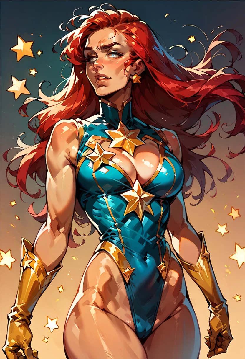 masterpiece, y, Superheroine, Red hair, long hair, bus(blue highleg leotard with a t-back thong and a gold star insignia on chest)), gold boots, gold gloves, ((Cleavage), back pose
