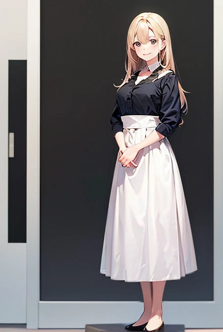 masterpiece,high quality,1 girl,full body,standing,blonde long hair,extremely detailed face,smile,simple background,wallpaper