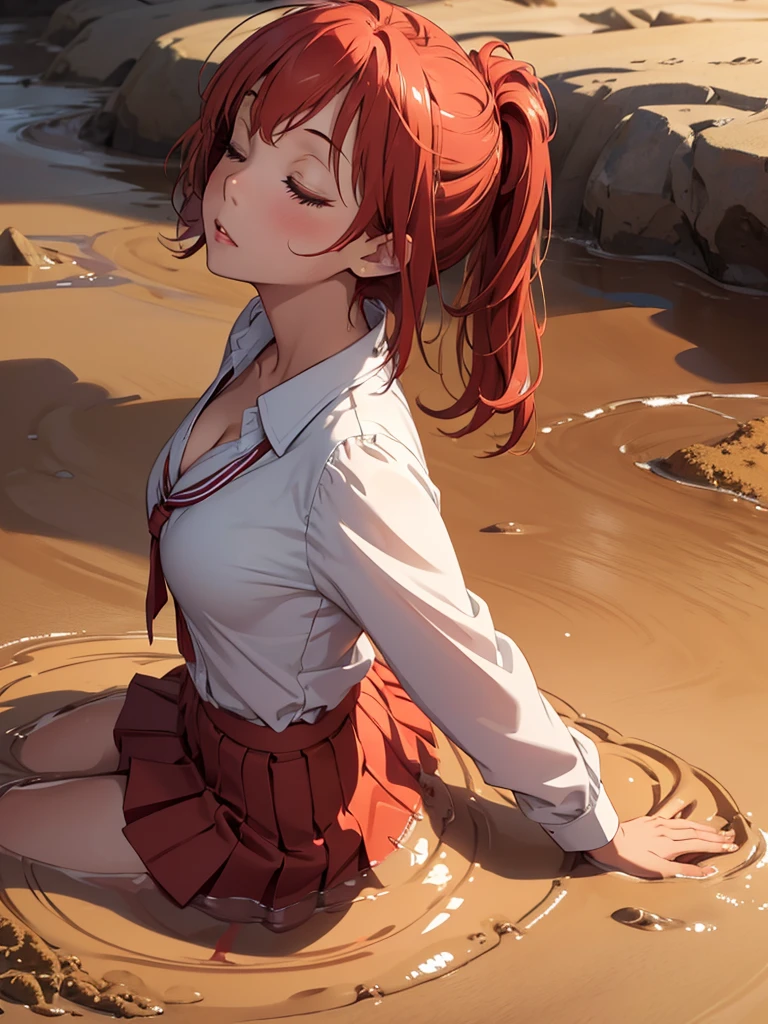 1girl, solo, masterpiece, best quality, high res, highly detailed, (illustration), beautiful detailed eyes, yuigahama yui, red hair ponytail, glossy lips, light makeup, orgasm, (looking up:1.5), eyes closed, school shirt, red skirt, cleavage, (quicksand:1.4), (from side:1.5)