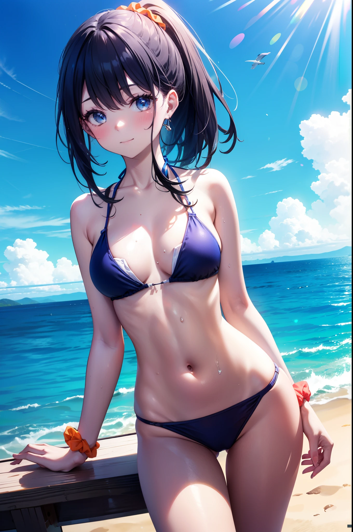 photograph ,Self snap, beautiful illustrations、masterpiece, highest quality, From above, ((beach)), a bit, cute, 1 girl , 、flat chest, compensate, Are standing , open your mouth, joy, smile, wince, (black hair), (ponytail), purple eyes, ((nude)),  nice thighs、Shining thighs, shiny skin, sexy, NSFW, necklace, ticker, ((micro bikini)), 