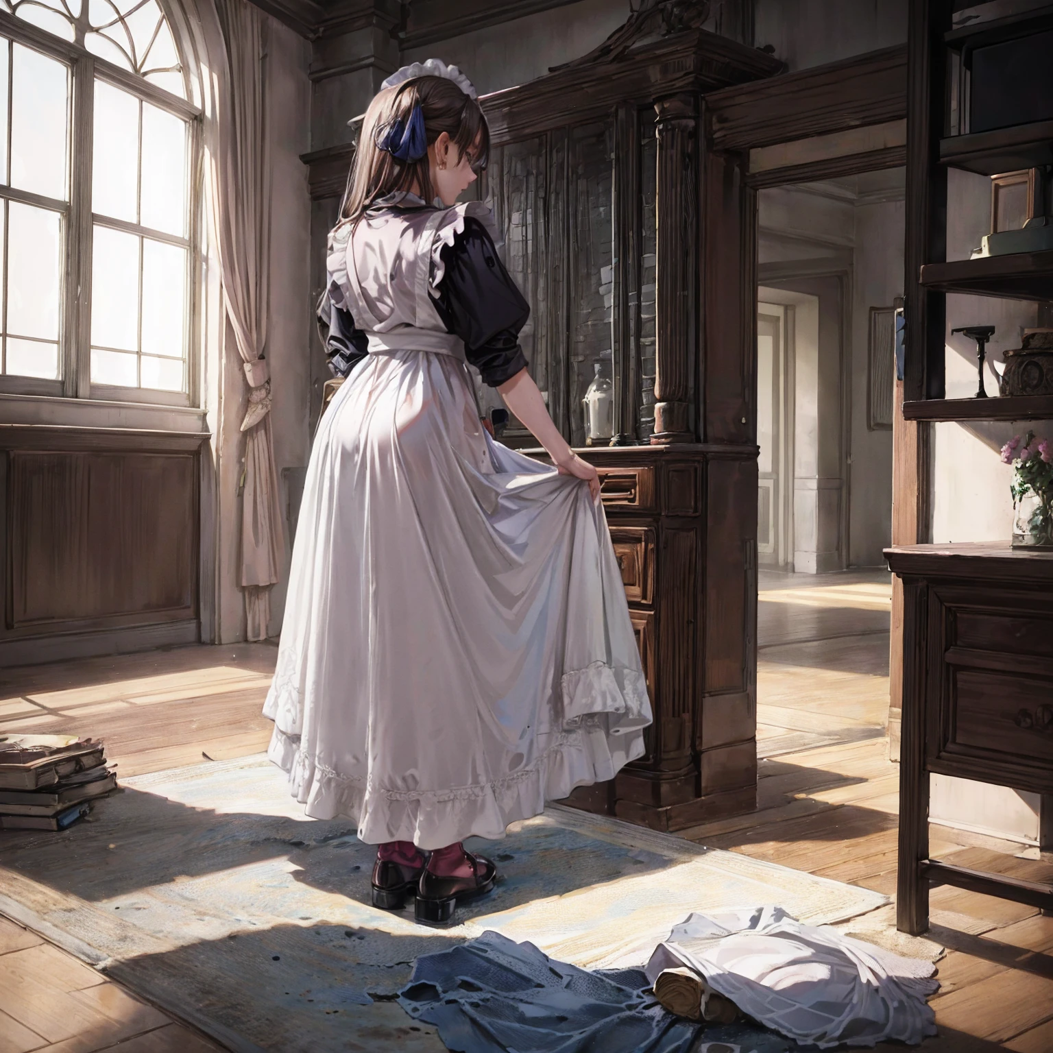 A woman is standing on the floor wearing a maid's uniform, alone, panties, underwear, skirt, (shiny dark pink satin panties:1.3)、panties that cover the butt、garter belt, Lie in, Knee socks, skirt lift, Recall, Realistic , (Show the crack of the buttocks:1.2)