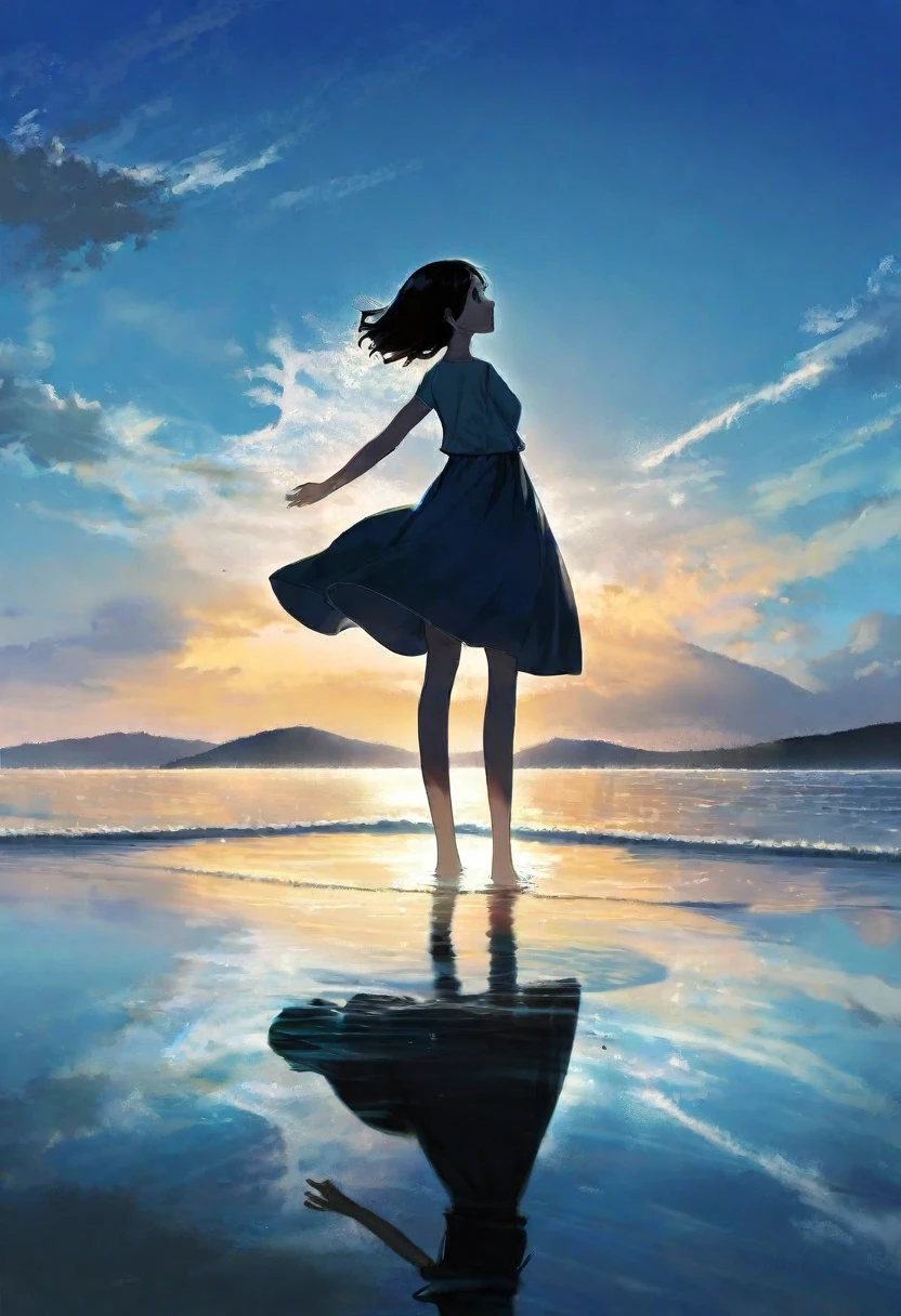ddstyle Anime art Style Illustration Description: A girl stands on the surface of the sea, with the blue sky reflected above. The calm waves encircle her, and her silhouette shines against the mirrored sky. This serene scene highlights her connection to nature and the harmonious relationship between the sky and the sea. It evokes a feeling of peace and awe, encouraging viewers to appreciate the natural world's beauty.Illustration Description: A girl stands gracefully on the surface of the sea, where the reflection of the blue sky appears on the water. Calm waves gently surround her, emphasizing her peaceful presence. Her silhouette stands out against the mirrored sky, signifying her connection with nature. This tranquil scene symbolizes the harmonious blend of the sky and sea, inspiring a sense of tranquility and awe.Illustration Description: In the illustration, a girl stands gracefully on the sea, with the water reflecting the blue sky above. Surrounding her are tranquil waves, creating a sense of serenity. Her silhouette stands out against the mirrored sky, symbolizing her deep connection with nature. This scene beautifully captures the harmonious relationship between the sky and sea, evoking feelings of peace and awe.