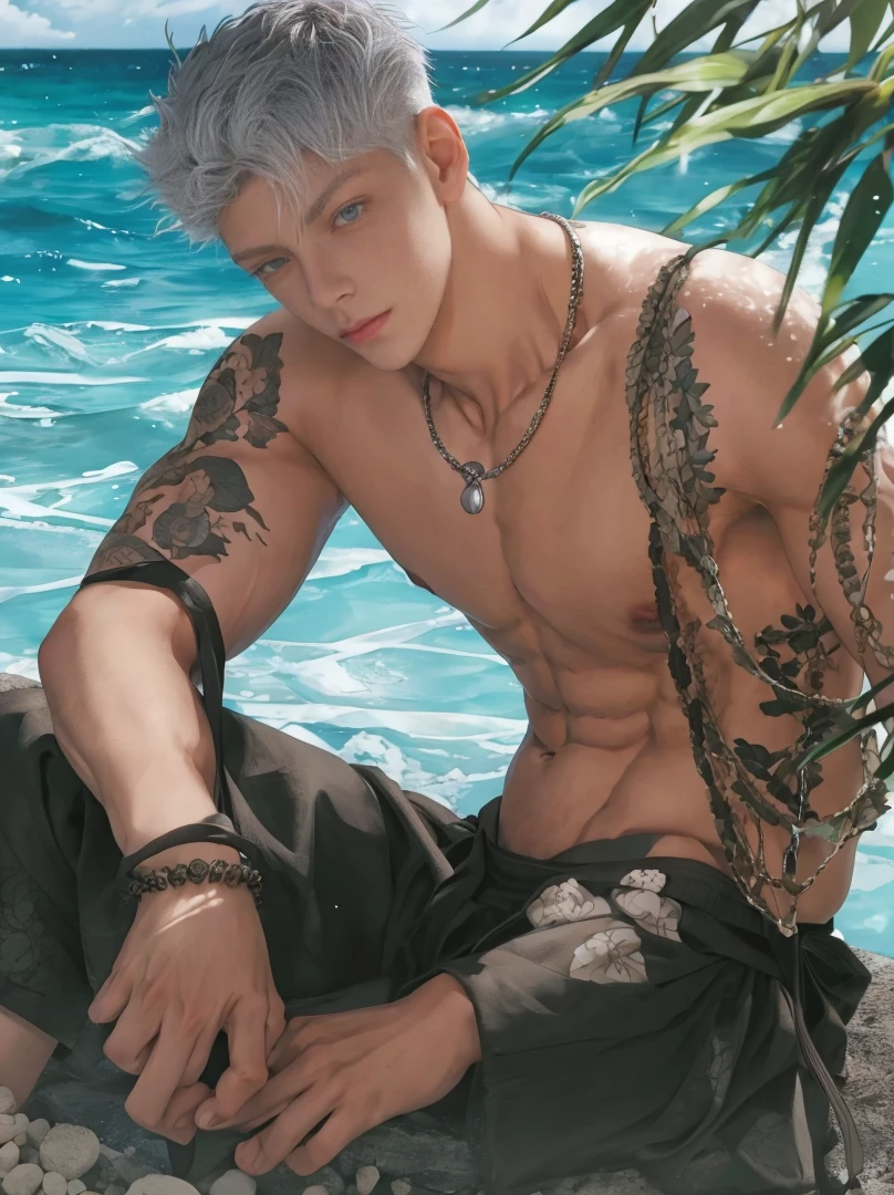 1 male, Japanese male model, high resolution 4k, young, handsome, perfect face detail, detailed eyes and face, clean shaved, sixpack, white eyebrow hair, white eyelashes, Naked torso, Detailed face, perfect face, dynamic lighting, Real skin texture, Perfect hand details, Real and complete hand details, unreal engine, hd picture, satoru gojo, Jujutsu kaisen, white hair, short hair ,hair between eyes ,blue eyes, white skin, Sauna background, Necklace, Sea background