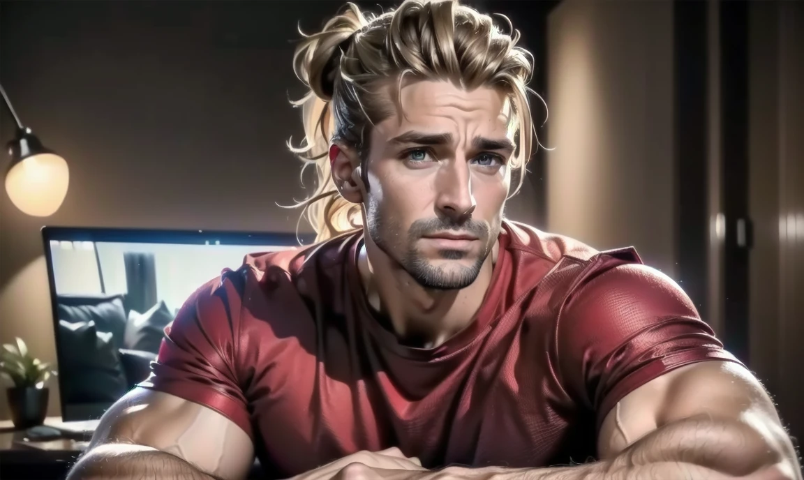 "((highly detailed, detailed eyes, detailed face, clear and realistic facial features, photorealistic, realistic light; cinematic)), (1 man), ((((cozy studio background)))), (((sophisticated gorgeous refined male artist))), ((37-year-old man)), ((strangely beautiful yet masculine)), ((((intense fascinated expression)))), ((seductive mood)), (((hazel brown eyes))), ((long wavy blond hair tied half up)), (((dressed in a red shirt and jeans)))."