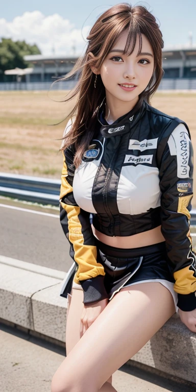 (8k, RAW Photos, Highest quality, Tabletop:1.2), (Realistic, Photorealistic:1.37), Ultra-high resolution, One Girl, 18-year-old, (Idol:1.4), (Famous actress :1.4), (Beautifully detailed face:1), bangs, (Multicolored floating hair), Skin dents, light makeup, (Beautiful big boobs:1.3), (Glowing Skin:1.1), Glowing Skin, Long limbs, slim, Saggy breasts:1.3, Tight waist, Medium Hips, Thin legs, slim thigh, Dynamic Lighting, Sexually provocative face, Shiny texture, lipstick, V-shaped eyebrows, V-line chin, View your viewers, (Very beautiful hairstyles:1.3), (Perfect Face:1.4), ((Strong winds)), Flowing Hair, audience, (smile:1.3), blue sky, A tall mountain, (((Suzuka Circuit))), (((Racing Car))), (((Racing Bike))), ((Promotional Girl:1.3)), ((Grid Girls:1)), Pink Lip, light makeup, (Wear promotional outfits with attention to detail:1.10), Lace-up boots, Cropped tops, (Tube top bra:1), Knee-length, (((Nylon long sleeve jacket with many logos))), ((ナイロンKnee-lengthロングスカート)), (Nylon glitter pleated skirt), Small Ass, ((Promotional wear with logo)), (((White and red＆Black and gold line glitter promotional wear))), (((Match the top and bottom colors of your clothes))), Fingerless gloves, Black-haired, Brown Hair, Redhead, blue eyes, (Dynamic Angle), walk, audience,