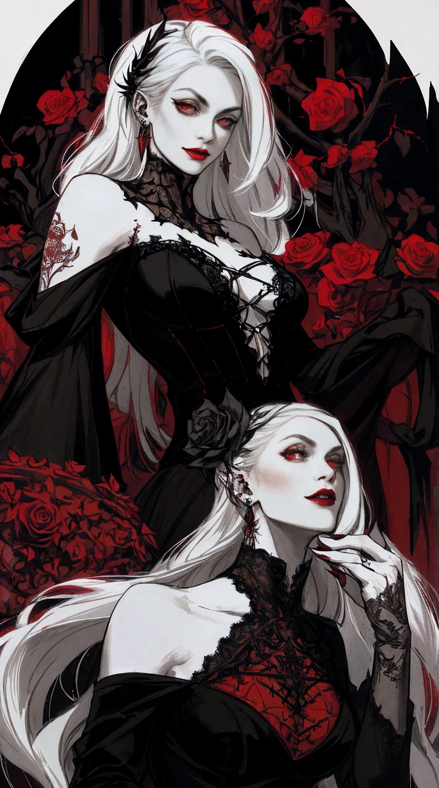 (best quality,highres),dark and mysterious,gothic art style,red and black color palette,dramatic lighting,an eerie garden setting,glimmering moonlight,delicate lace details,detailed engravings on the earrings and piercing,roses and thorns intertwined,female, pale skin, vibrant red lipstick, (white hair, long flowing hair, straight hair), red eyes, vampire, sharp fangs,playful expression,tattoos on her arms and neck,spider web motifs in the background