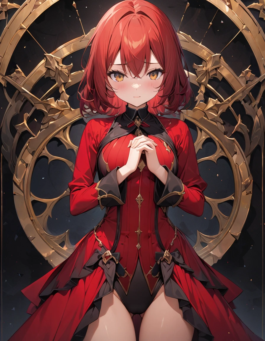 Highest quality,masterpiece,Very detailed, finely, High resolution, 8k wallpaper, finelyて美しい目,Red Haired Girl、A pose with hands clasped behind the back, with the body slightly tilted to create a cute look.