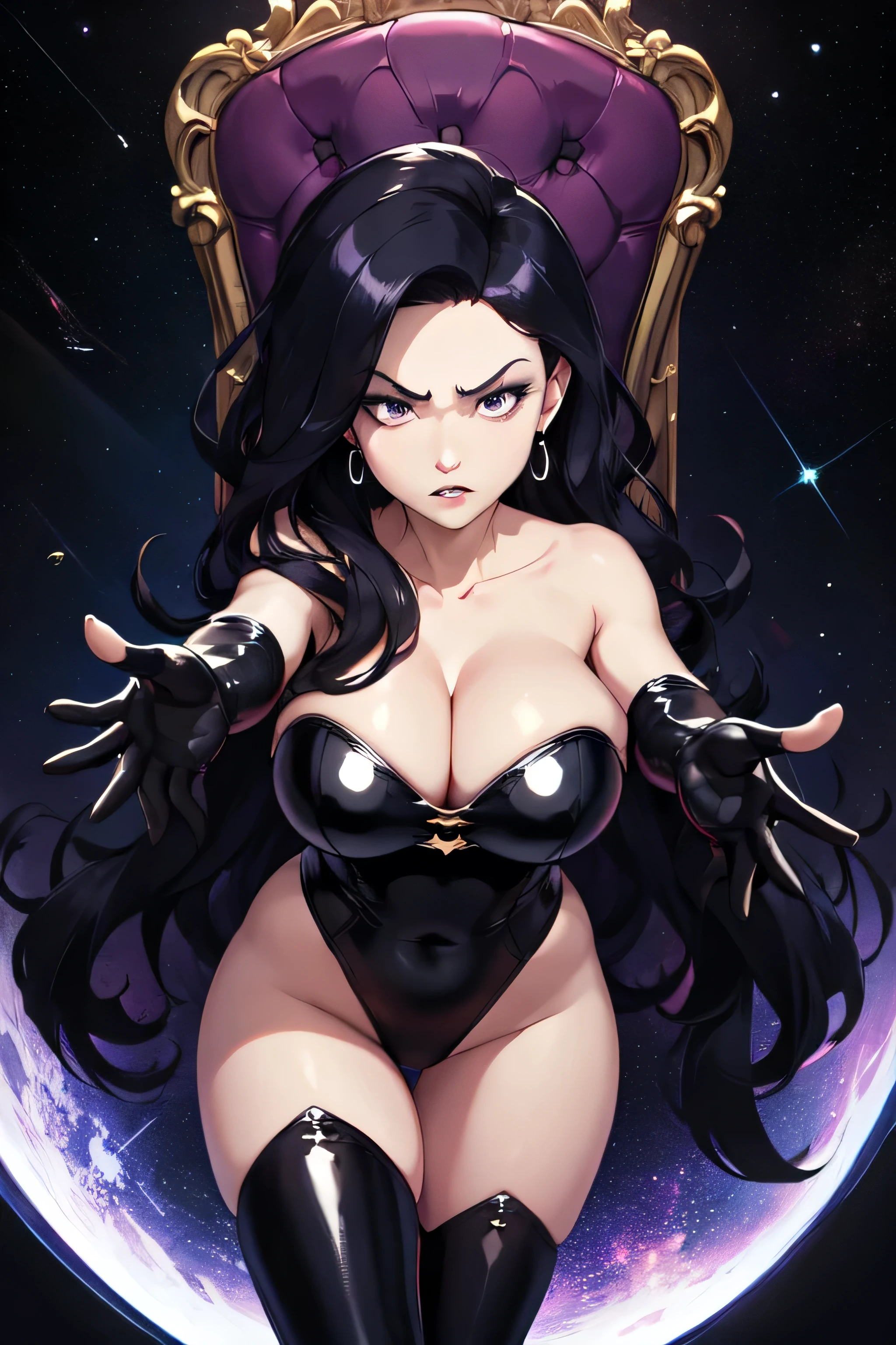 ​masterpiece, best quality, Dark queen, black eyes, ear rings, Chap, Collarbone, leotard, Elbow gloves, Decollete, huge breasts, Cowboy-shot, from bottom, furrowed brow, demure, space, indoors, throne,outstretched hand emitting hypnotic sound waves,purple glowing hypnotic eyes