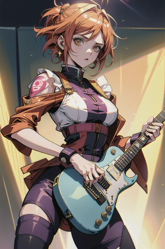 lendario Sakura dbz uchira sexy decote atraente rocker girl latin with guitar and with multi-colored outfit yellow and red and hair two colors exuding effortless illuminated with high-contrast shading and ultra HD clarity. background concert lights showcasing phenomenal detail revealing intricate patterns, ratio for a perfectly balanced composition, soft natural light allowing in manga estilo demon slayer