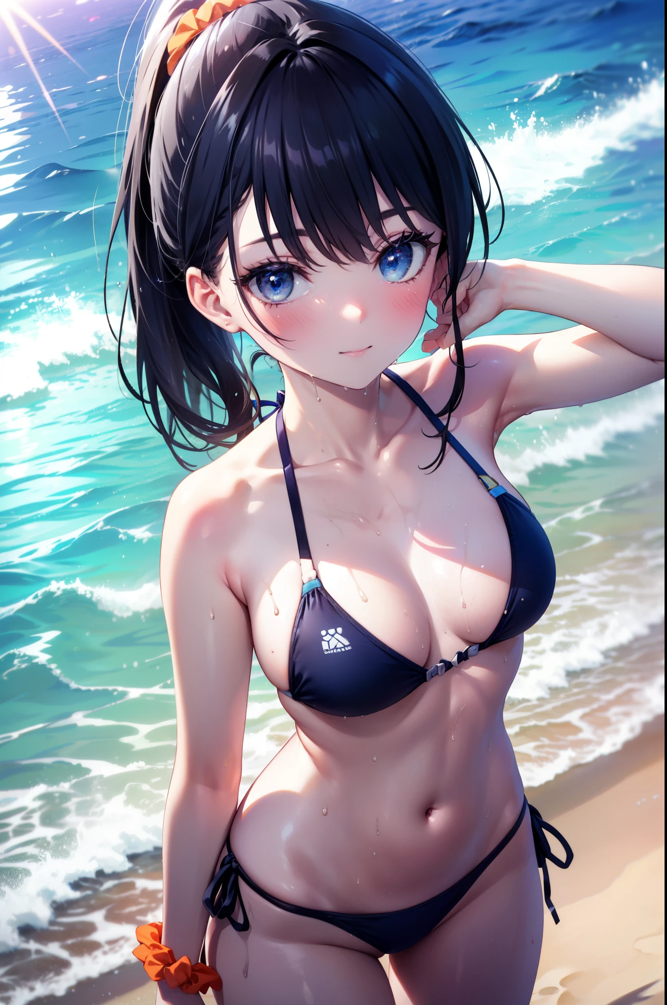 Rikka body, Affluent backstreets, Black Hair, blue eyes, Long Hair, orange Scrunchie, Scrunchie, wrist Scrunchie,smile,blush,ponytail,Red bikini string swimsuit,barefoot,Wet Hair,Wet swimsuit,Wet Hair,Water Play,Daytime,Clear skies,True Summer,True Summer,
break outdoors, Ocean,Beach,
break looking at viewer,whole body, (Cowboy Shot:1.5),
break (masterpiece:1.2), Highest quality, High resolution, unity 8k wallpaper, (shape:0.8), (Beautiful details:1.6), Highly detailed face, Perfect lighting, Extremely detailed CG, (Perfect hands, Perfect Anatomy),