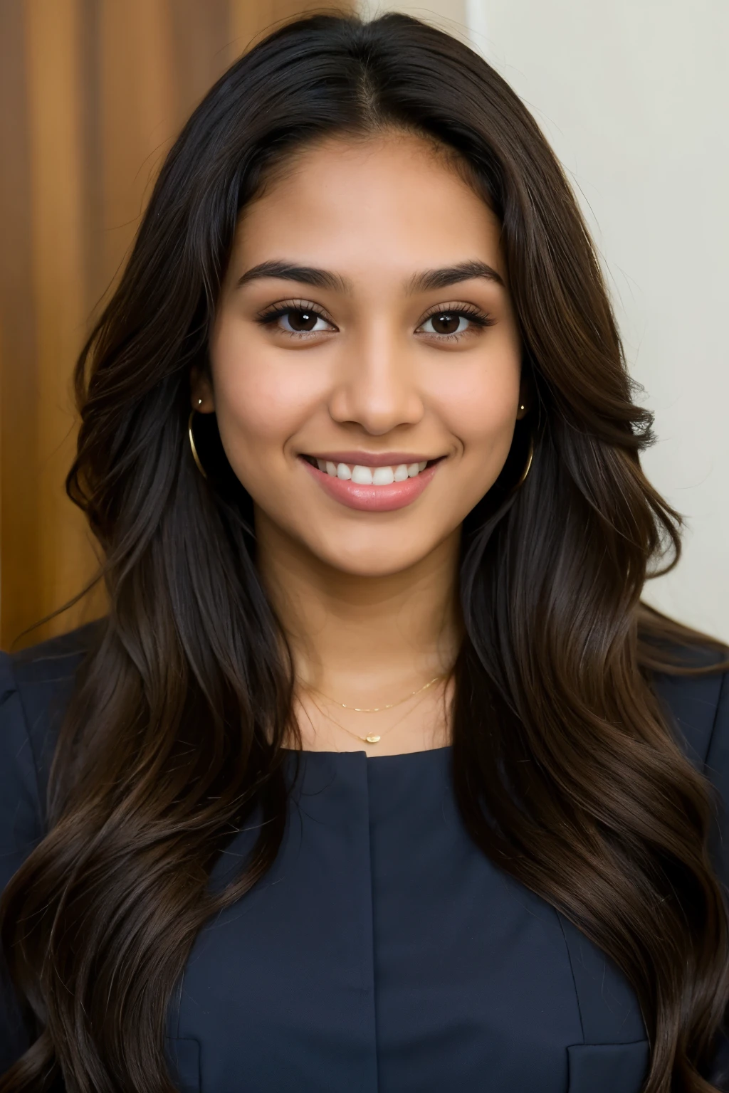 ((Best Quality)), 24 year old female lawyer, brown skin, nose a little wide, big brown eyes, long dark brown wavy hair