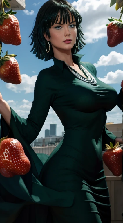 Masterpiece, Best Quality, Super Detailed, High Definition, Expensive Resolution, HDR, Super Detailed CG, Beautiful Details, Depth, Fine Texture, Super Fine, Complete concentration, (Fubuki), sexy, pale skin, blue eyes, black hair, smirk, black dress, skin tight, (holding a giant strawberry), vibrant colors, detailed eyes, highly detailed, fine detail, intricate details, volumetric lighting, 
