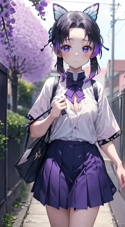 nsfw, kochou shinobu, (((笑face,Sweat))), Peek into, ((high school student, White shirt, Short sleeve, skirt, uniform, Bag)), (((On the way home))), ((evening)), ((Side angle, Top view)), , (((summer))) , whole body, boost mood, Ultra-realistic 8K CG，masterpiece,, （（Highly detailed background，Delicate pattern，Intricate details, Fine and beautiful eyes）），The best quality in the best condition，とてもとてもとても詳細なface， Highly detailed eyesとface，Highly detailed eyes，kochou shinobu，Multicolored Hair，No bangs，Hair Intake，, Purple eyes，，butterfly，band，（熱band庭園：1.2），Purple Flower，mostly cloudy null，Tyndall effect，slope_null，face，beautiful null，，Seductive posture，（Cleavage:1.3)， woman,