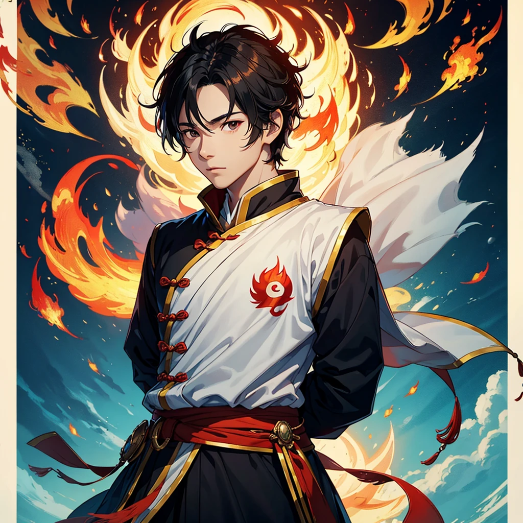 A young man，Chinese fantasy costumes，Above the sky，((The flames keep burning))