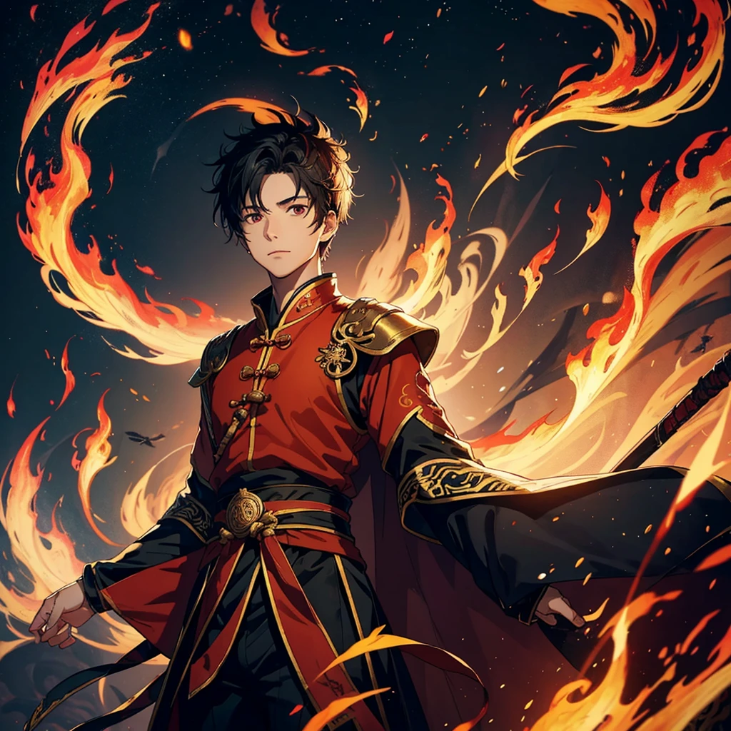 A young man，Chinese fantasy costumes，Above the sky，((The flames keep burning))