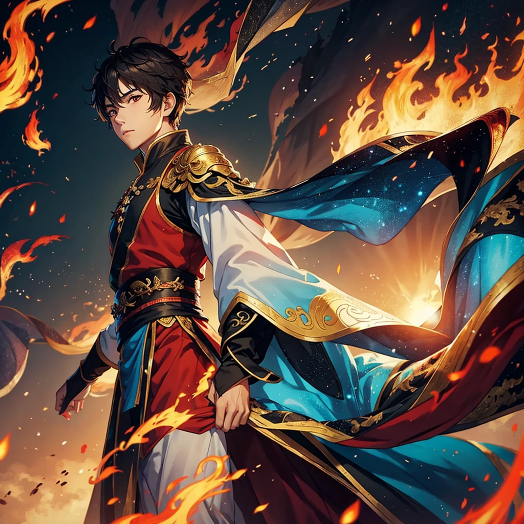 A young man，Chinese fantasy costumes，Above the sky，((The flames keep burning))