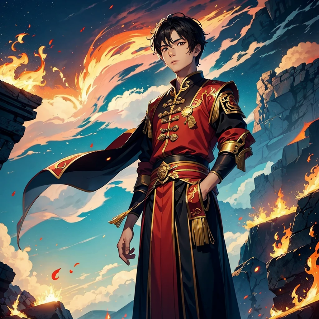A young man，Chinese fantasy costumes，Above the sky，((The flames keep burning))