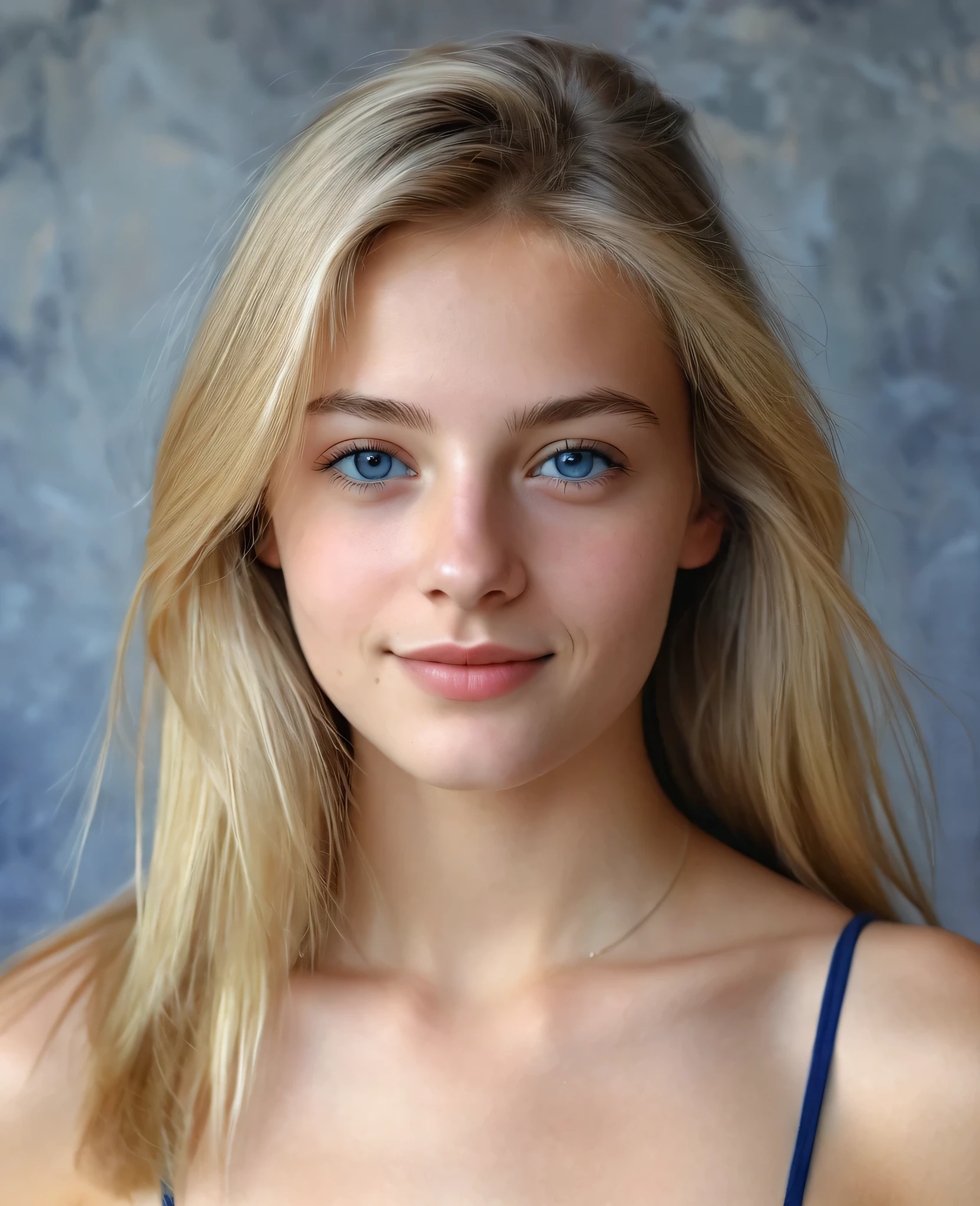 Portrait of a beautiful Italian teenager, 27 years old, breasts small, sorriso Soft, natural lips, long blonde hair with shaved sides , grey-blue eyes, 真实感, digitalpainting, conceptual artwork, Soft, sharpening, rule of thirds, 35mm