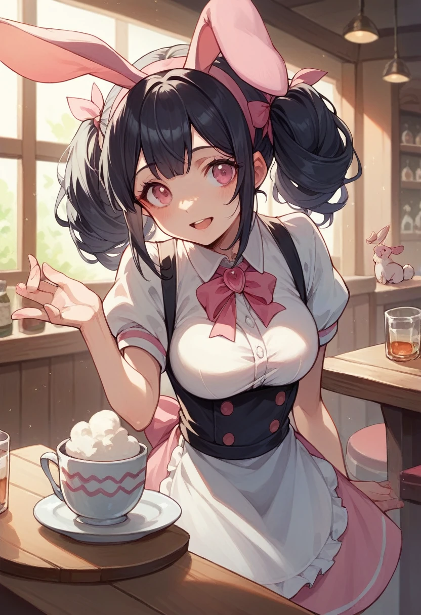Long black hair girl, Pink eyes Fiusha is a bar waitress and her pastel pink bunny clothes are a sexy and cute girl.