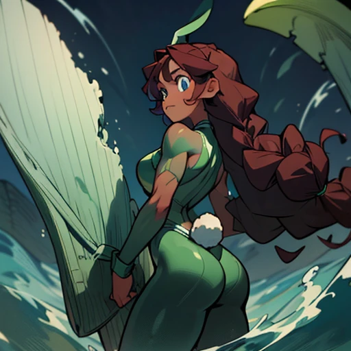 A girl with a strong and determined face, with intense blue eyes.

Long, curly tails, dark reddish brown hair, in braids or loose curls.

Body Athletic and muscular figure. Dark skin

in ligth green and green erotic bunny suit  and with fairy wings With elements that simulate waves and blue water

(((character sheet))) ((various views)) ((front and back) (Face detail) (full body)