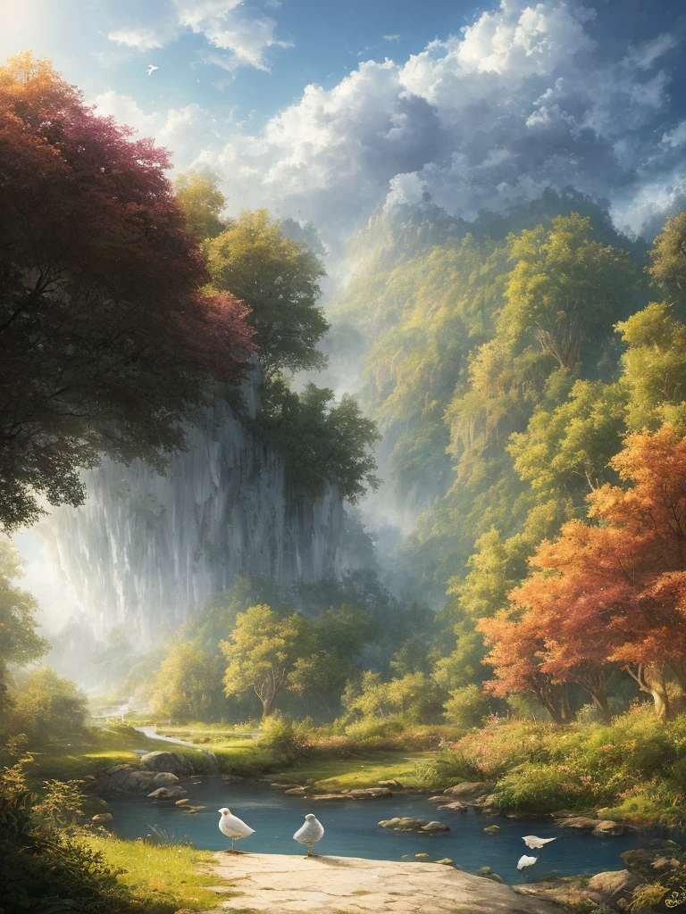 masterpiece, 最high quality, high quality,Very detailed CG unity 8k wallpaper, Enchanting and dreamy fantasy forest scenery, rose garden, hidden fairy valley, Creates a sense of mystery and fascination, Sky Blue Sky, White dove flies, Complex, trend, pastel colour, Award-winning photography, Depth of written boundary, High resolution, bloom, chromatic aberration ,Realistic,Very detailed, White cloud, trend on CGsociety, Complex, Attention to detail, dramatic, art：midjourney