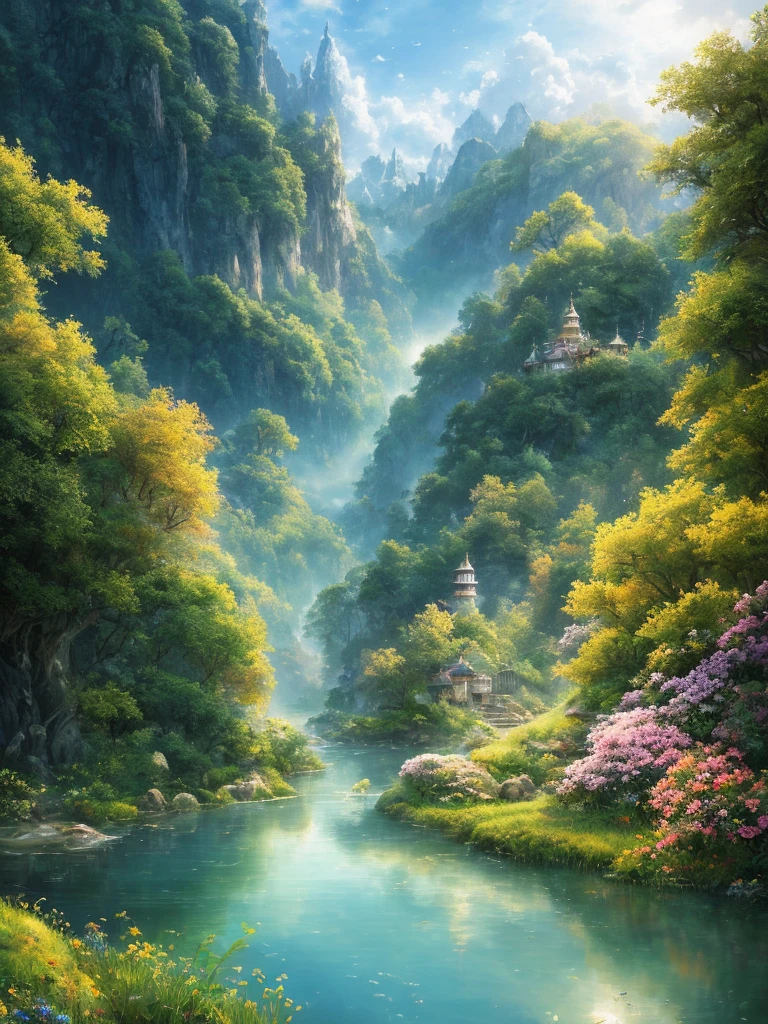 masterpiece, 最high quality, high quality,Very detailed CG unity 8k wallpaper, Enchanting and dreamy fantasy forest scenery, rose garden, hidden fairy valley, Creates a sense of mystery and fascination, Sky Blue Sky, White dove flies, Complex, trend, pastel colour, Award-winning photography, Depth of written boundary, High resolution, bloom, chromatic aberration ,Realistic,Very detailed, White cloud, trend on CGsociety, Complex, Attention to detail, dramatic, art:midjourney