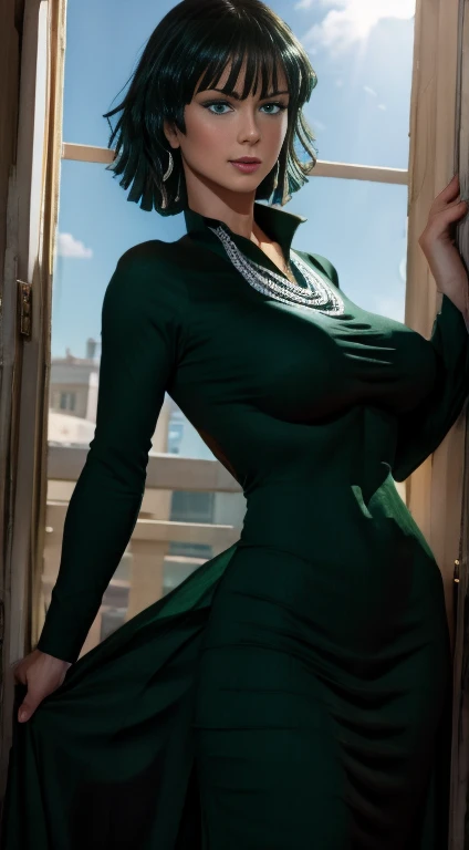 Masterpiece, Best Quality, Super Detailed, High Definition, Expensive Resolution, HDR, Super Detailed CG, Beautiful Details, Depth, Fine Texture, Super Fine, Complete concentration, (Fubuki), sexy, pale skin, blue eyes, black hair, smirk, black dress, skin tight, vibrant colors, detailed eyes, highly detailed, fine detail, intricate details, volumetric lighting, 
