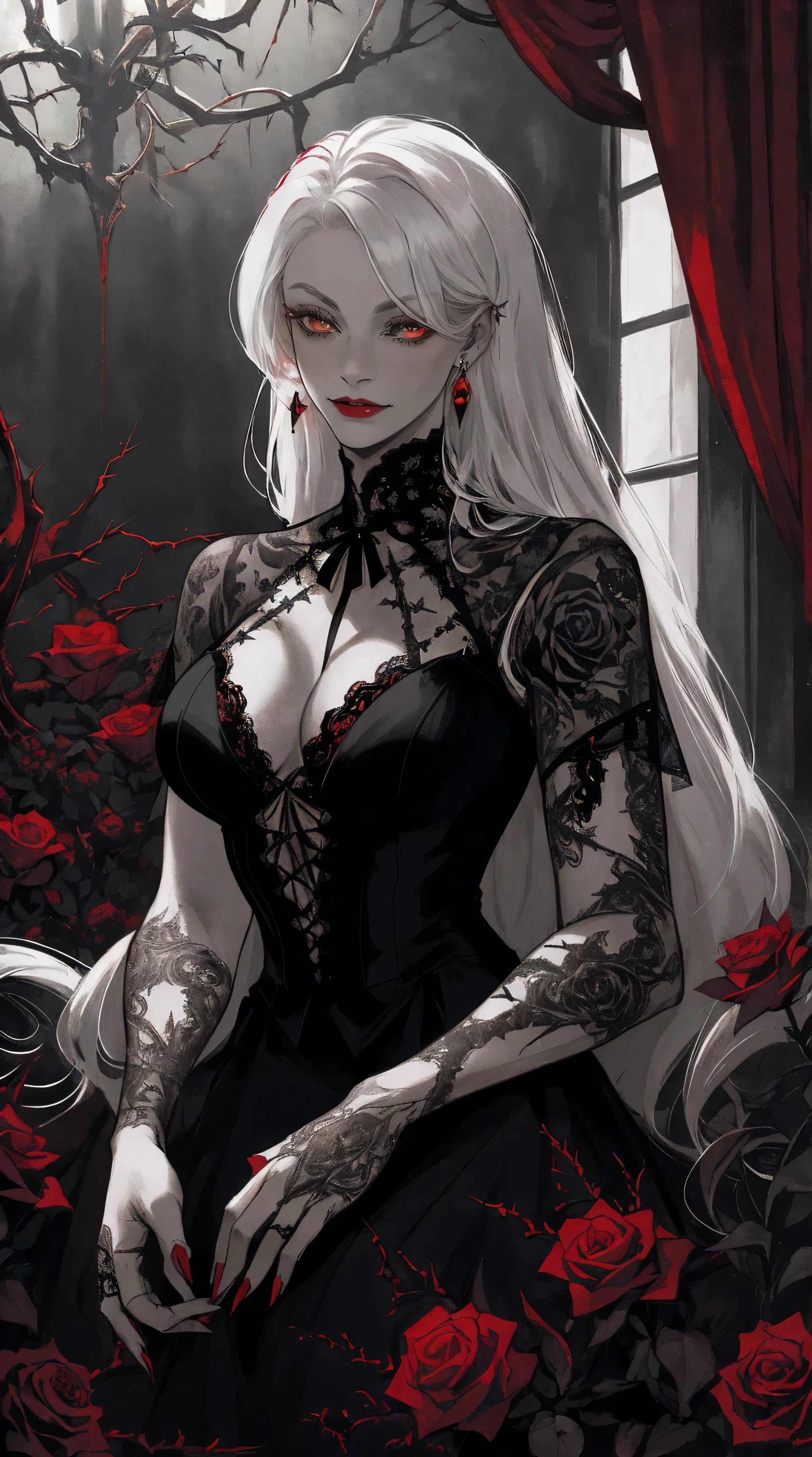 (best quality,highres),dark and mysterious,gothic art style,red and black color palette,dramatic lighting,an eerie garden setting,glimmering moonlight,delicate lace details,detailed engravings on the earrings and piercing,roses and thorns intertwined,female, pale skin, vibrant red lipstick, (white hair, long flowing hair, straight hair), red eyes, vampire, sharp fangs,playful expression,tattoos on her arms and neck,spider web motifs in the background