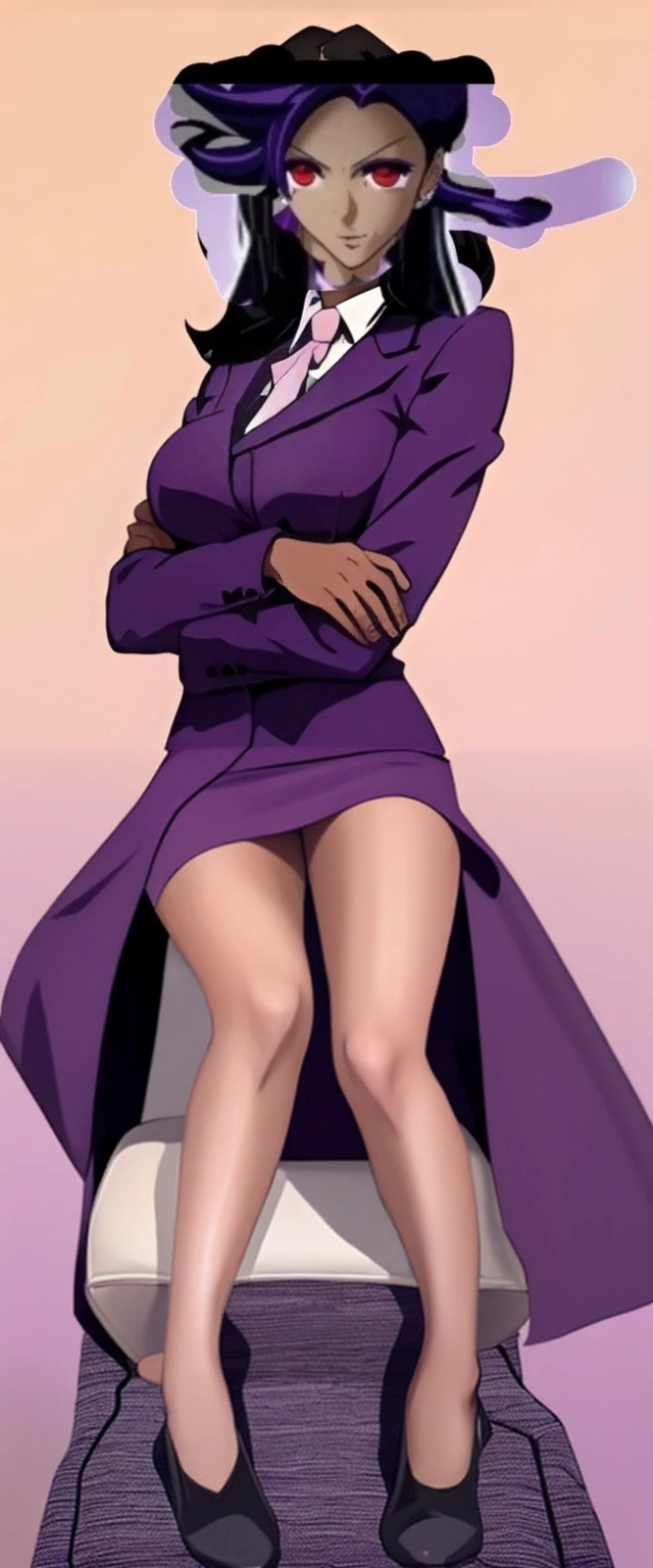 Evil black skinned business woman in a long purple skirt suit sitting on a chair with her legs showing under her skirt anime