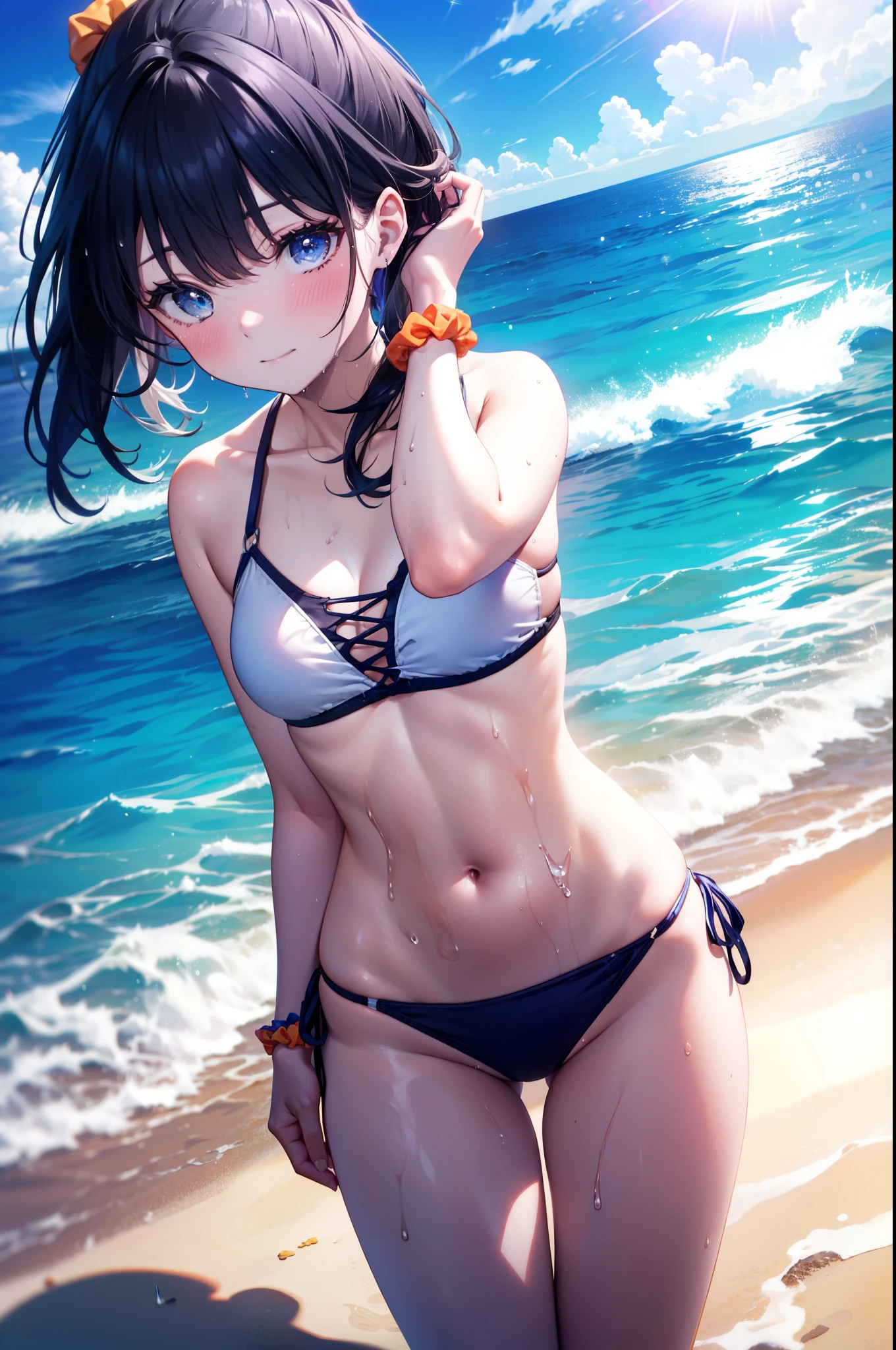 Rikka body, Affluent backstreets, Black Hair, blue eyes, Long Hair, orange Scrunchie, Scrunchie, wrist Scrunchie,smile,blush,ponytail,Red bikini string swimsuit,barefoot,Wet Hair,Wet swimsuit,Wet Hair,Water Play,Daytime,Clear skies,True Summer,True Summer,
break outdoors, Ocean,Beach,
break looking at viewer,whole body, (Cowboy Shot:1.5),
break (masterpiece:1.2), Highest quality, High resolution, unity 8k wallpaper, (shape:0.8), (Beautiful details:1.6), Highly detailed face, Perfect lighting, Extremely detailed CG, (Perfect hands, Perfect Anatomy),