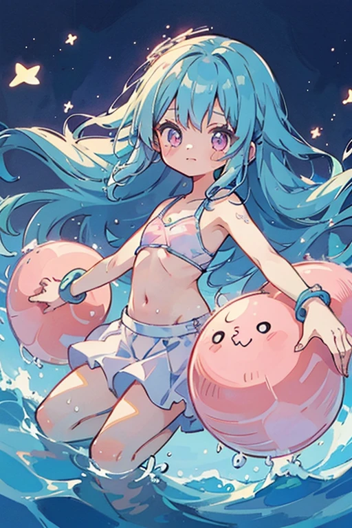 1 small girl, anime style, whole body, little, cute, blue hair, pink eyes, pastel colors, stars, water, white background, dynamic pose, dynamic composition, girl with a swimming ring, water