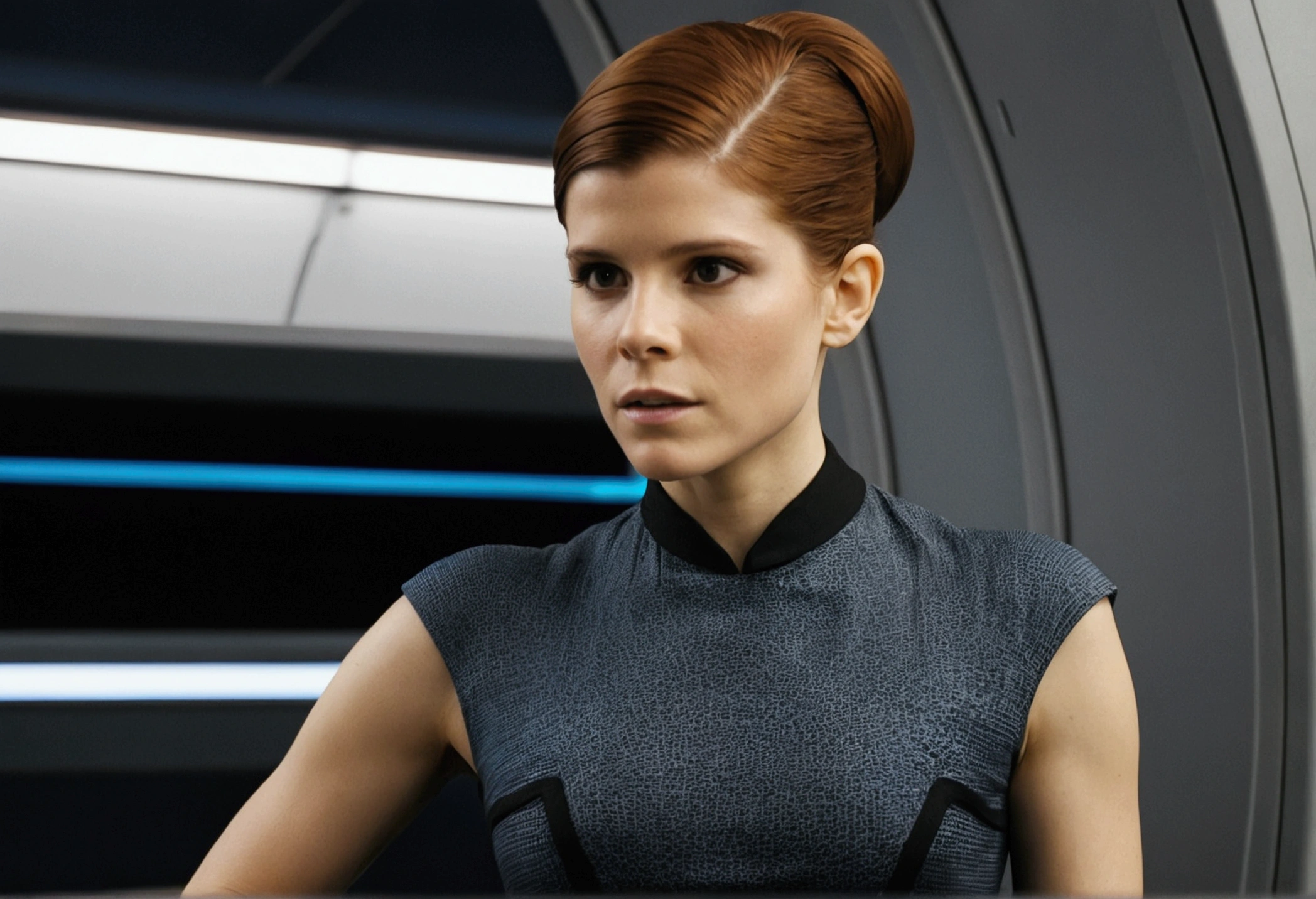 Kate Mara, age 25, short skirt Yeoman on the 60s Star Trek Enterprise. She is bringing a message to Captain Kirk on the bridge.