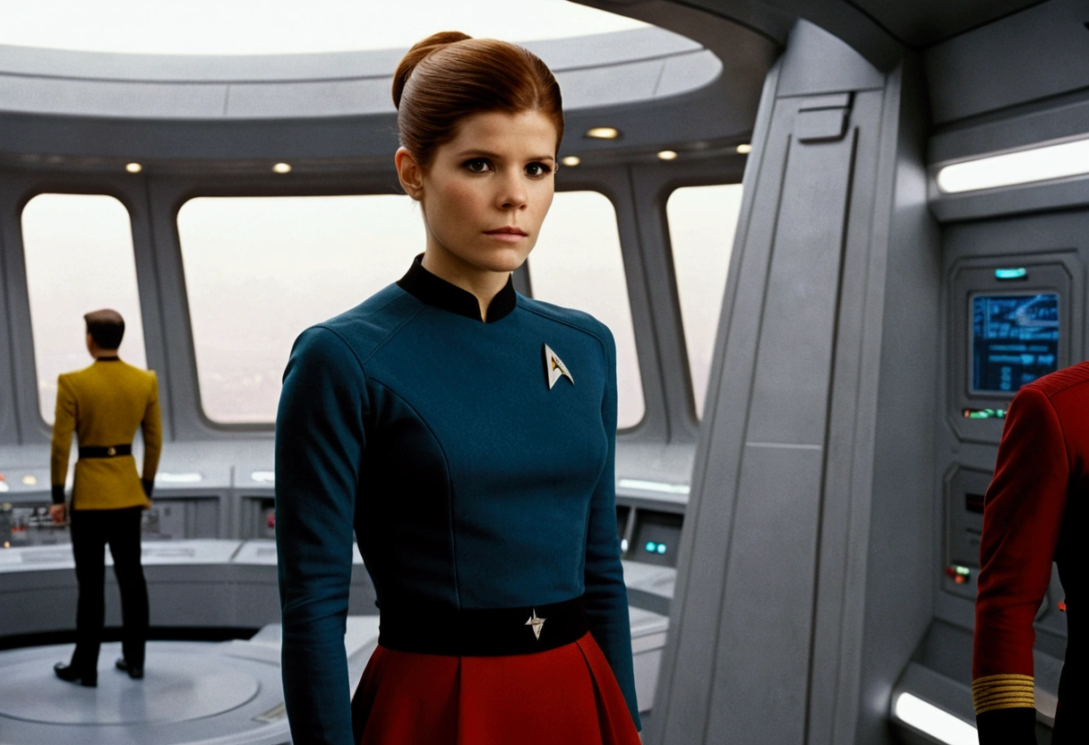 Kate Mara, age 25, short skirt Yeoman on the 60s Star Trek Enterprise. She is bringing a message to Captain Kirk on the bridge.