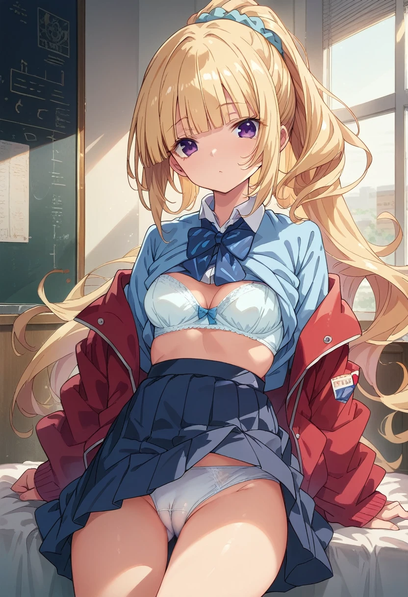 masterpiece, high quality, Perfect Face, Beautiful Face, Photo Background,Perfect Skin, Beautiful Skin, Soft Skin, Glowing Skin, Intricate details, Delicate pattern, best quality, masterpiece, kei karuizawa, long hair, bangs, blunt bangs, (purple eyes:1.1), blonde hair, shirt, hair ornament, ponytail, scrunchie, blue scrunchie,skirt, shirt, bow, school uniform, jacket, (red jacket:1.2), pleated skirt, bowtie, sweater, (blue bow:1.2), (blue shirt:1.2),(white bra:1.1), (white pantie:1.1), cameltoe, clothes lift