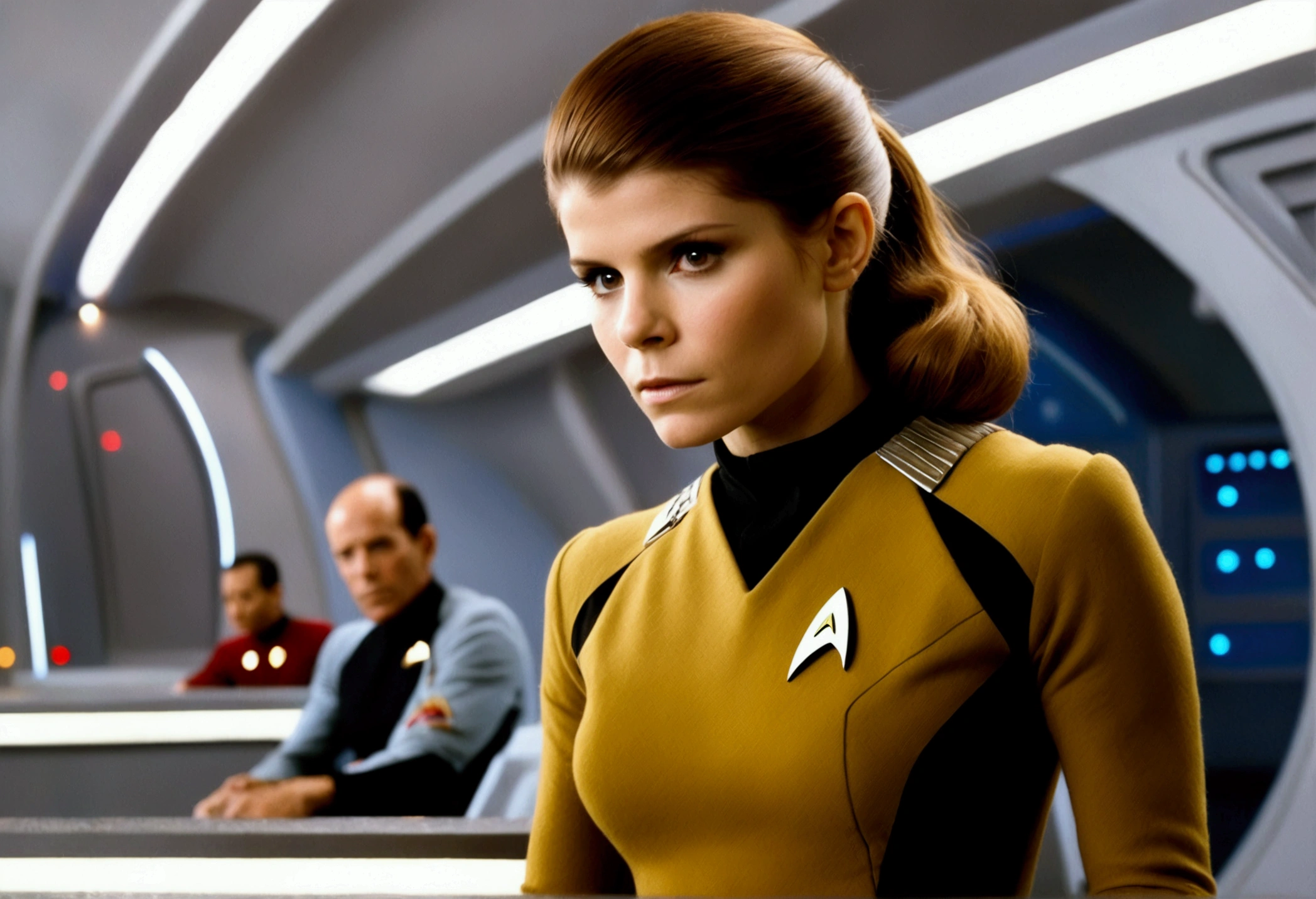 Kate Mara, age 25, short skirt Yeoman on the 60s Star Trek Enterprise. She is bringing a message to Captain Kirk on the bridge.