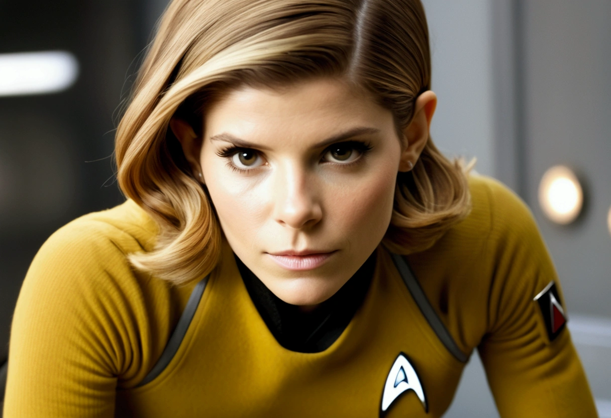 Kate Mara, age 25, short skirt Yeoman on the 60s Star Trek Enterprise. She is bringing a message to Captain Kirk on the bridge.