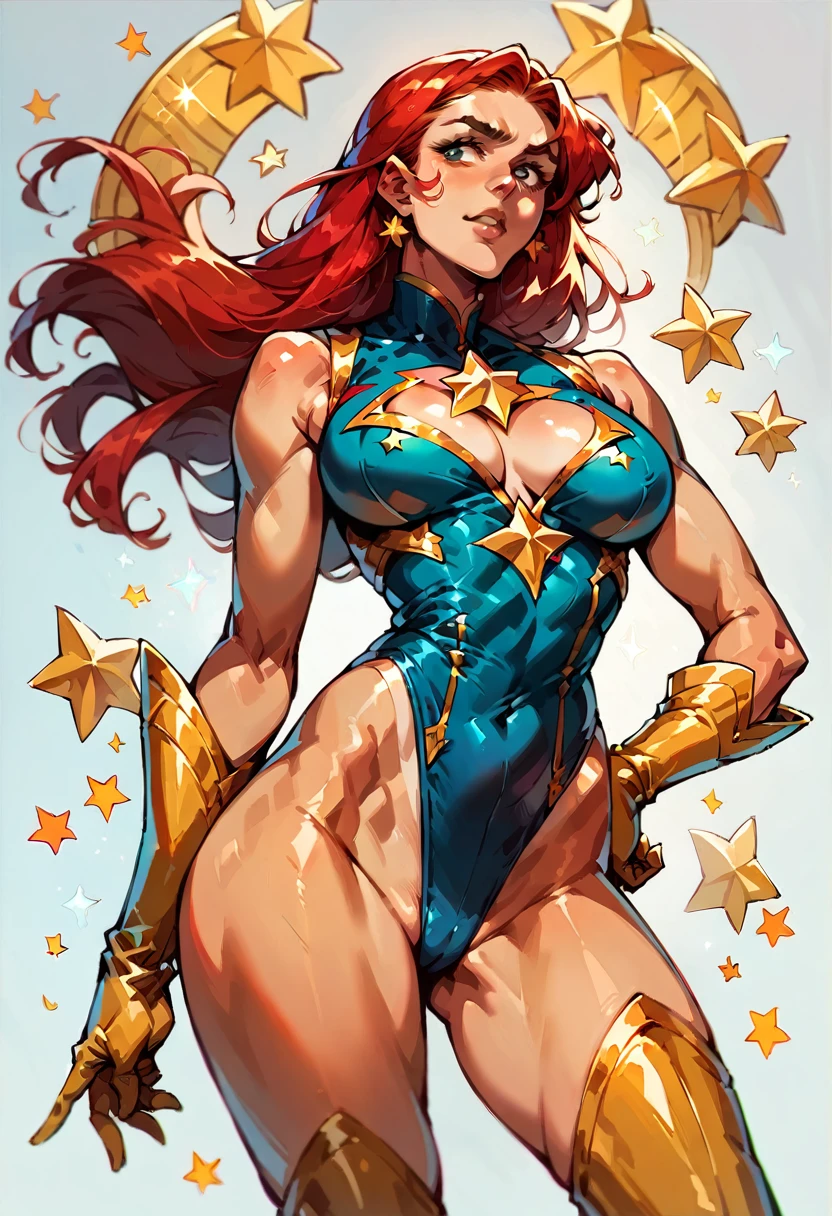 masterpiece, Sexy, Superheroine, Red hair, long hair, busty, ((blue highleg leotard with a t-back thong and a gold star insignia on chest)), gold boots, gold gloves, ((Cleavage Cutout)), anime, back pose