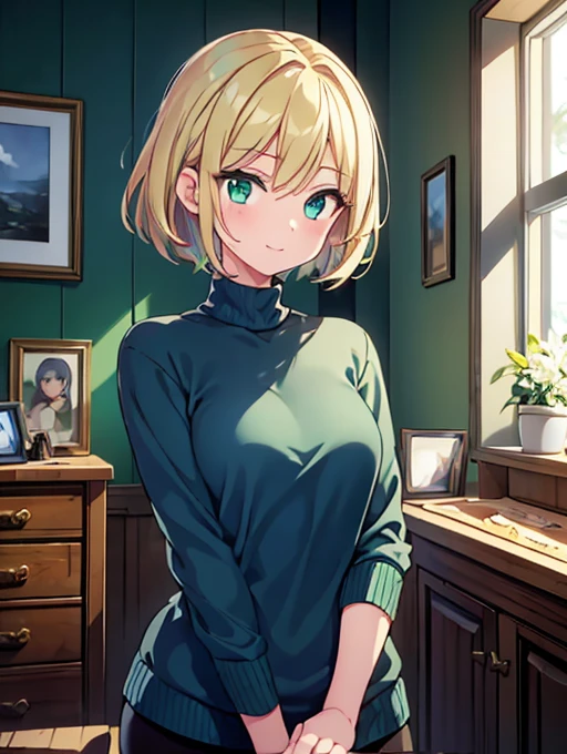 A girl of average height, short blonde hair with green tips, beautiful face, with soft strokes, emerald green eyes, a gentle smile. Careful navy blue leggings and sweater, a mark on the neckline. She is in a room in a house. Beautiful eyes.