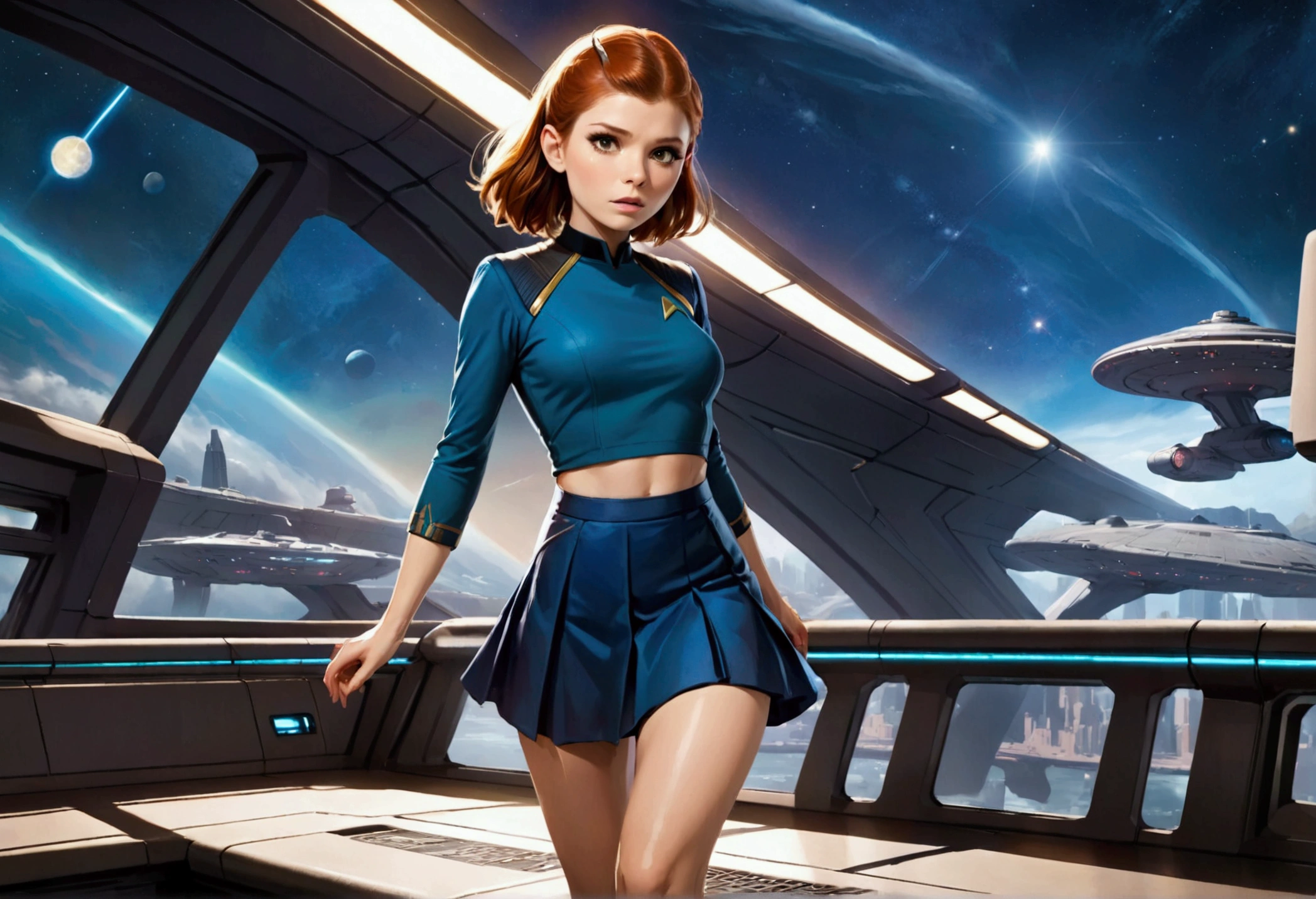 Kate Mara, age 25, short skirt Yeoman on the 60s Star Trek Enterprise. She is bringing a message to Captain Kirk on the bridge.