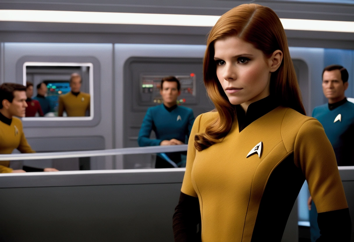 Kate Mara, age 25, short skirt Yeoman on the 60s Star Trek Enterprise. She is bringing a message to Captain Kirk on the bridge.
