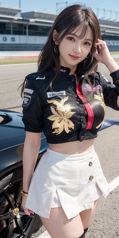 (8k, RAW Photos, Highest quality, Tabletop:1.2), (Realistic, Photorealistic:1.37), Ultra-high resolution, One Girl, 18-year-old, (Idol:1.4), (Famous actress :1.4), (Beautifully detailed face:1), bangs, (Multicolored floating hair), Skin dents, light makeup, (Beautiful big boobs:1.3), (Glowing Skin:1.1), Glowing Skin, Long limbs, slim, Saggy breasts:1.3, Tight waist, Medium Hips, Thin legs, slim thigh, Dynamic Lighting, Sexually provocative face, Shiny texture, lipstick, V-shaped eyebrows, V-line chin, View your viewers, (Very beautiful hairstyles:1.3), (Perfect Face:1.4), ((Strong winds)), Flowing Hair, audience, (smile:1.3), blue sky, A tall mountain, (((Suzuka Circuit))), (((Racing Car))), (((Racing Car))), ((Promotional Girl:1.3)), ((Grid Girls:1)), Pink Lip, light makeup, (Wear promotional outfits with attention to detail:1.10), Lace-up boots, Cropped tops, (Tube top bra:1), Knee-length, (((Nylon short-sleeve jacket with many logos))), ((ナイロンKnee-lengthロングスカート)), (Nylon glitter pleated skirt), Small Ass, ((Promotional wear with logo)), (((White and red&Black and gold line glitter promotional wear))), (((Match the top and bottom colors of your clothes))), Fingerless gloves, Black-haired, Brown Hair, blue eyes, (Dynamic Angle), Bold Pose、Hands behind back、naked:1.8